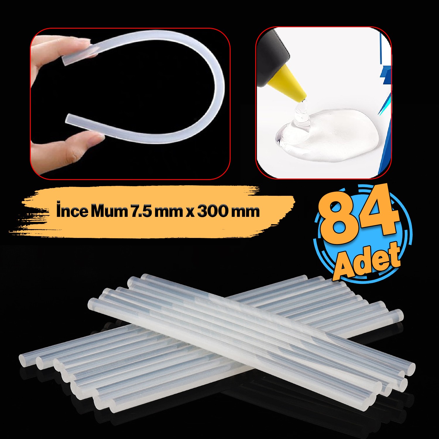 İnce Mum Silikon 7.5 mm Uzunluk 30 cm Çubuk Sıcak Silikon Hobi Eşya Maket Yapıştırma Slikon 84 ADET