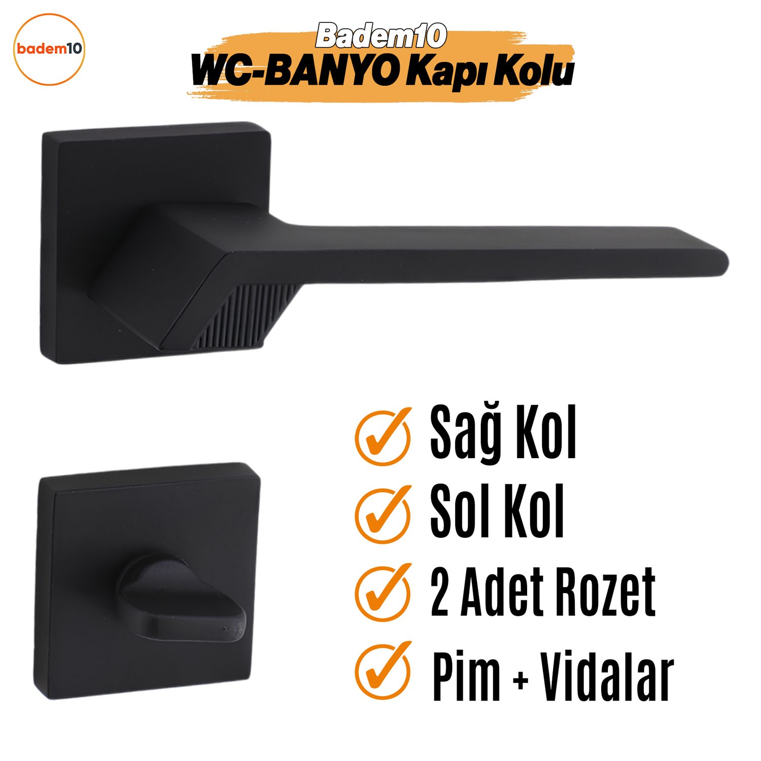 Güneş WC - BANYO Siyah Kapı Kolu Kare Rozetli Sağa Sola Uygun Ev Kapı Kolları Kilitlenebilir 1 Takım