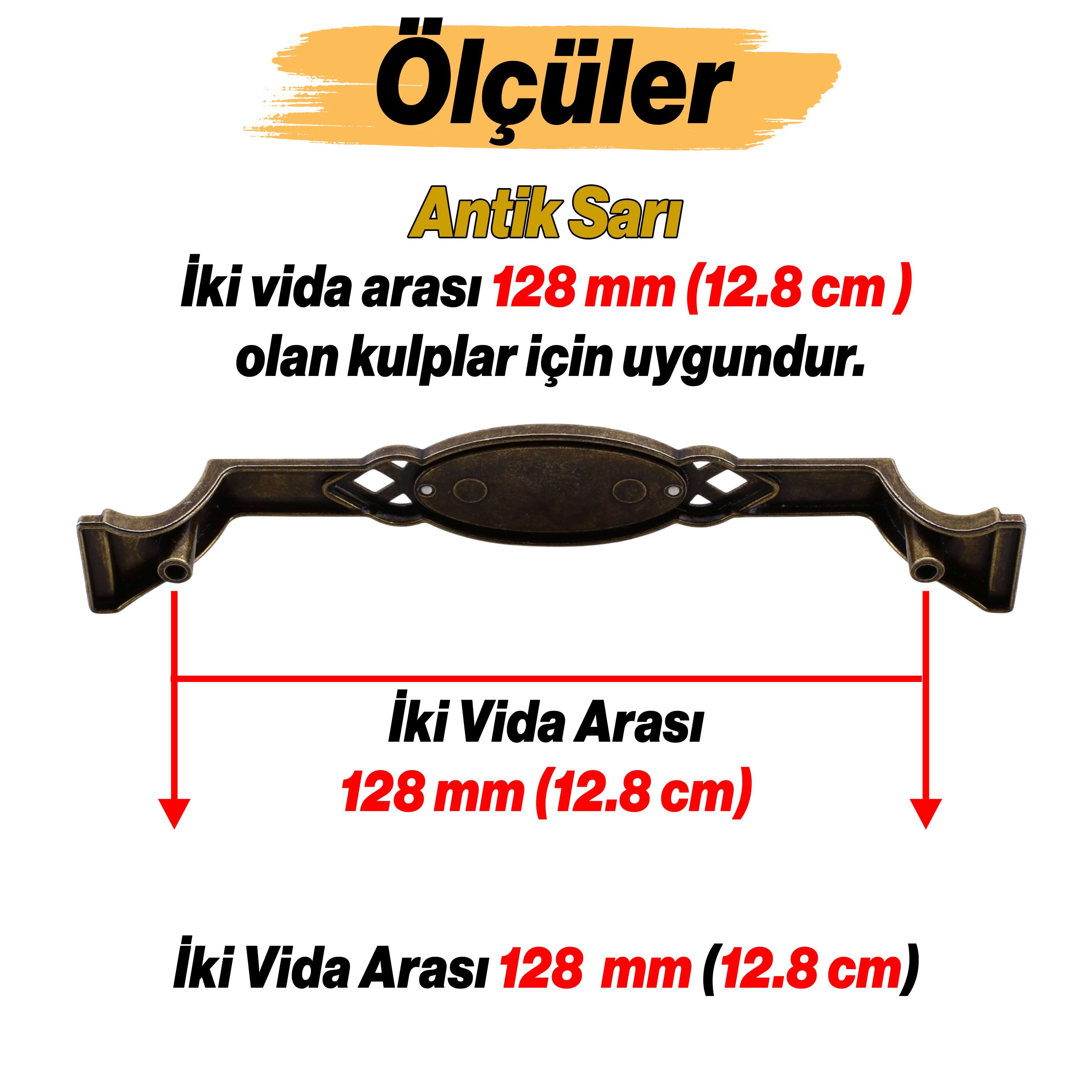 Palmira Eskitme Antik Sarı Metal Kulp (128 mm - 12.8 cm) Mobilya Mutfak Çekmece Dolap Kulpu Kulbu Kulpları