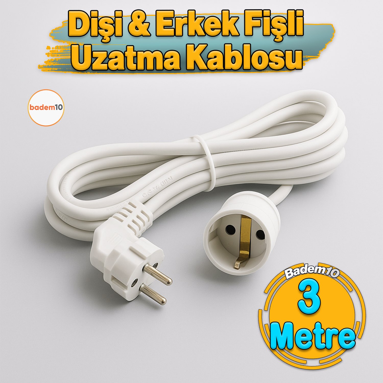 Seyyar Uzatma Kablosu 3 Metre Dişi-Erkek Fişli F19C Kalın Priz Prizli Sanayi Bahçe Elektrik Kablosu