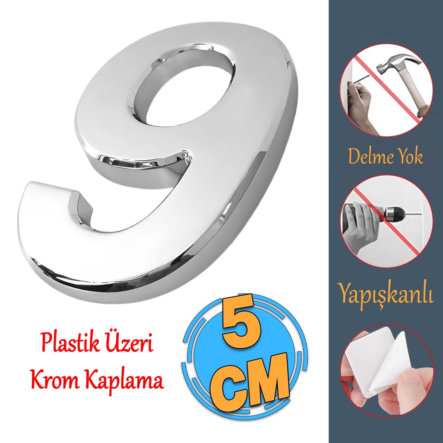 Yapışkanlı Kapı Numarası Küçük Boy 50 mm 5 cm Numara 9 Rakam Dokuz Sayı Krom Renk Numaralar 1 Adet