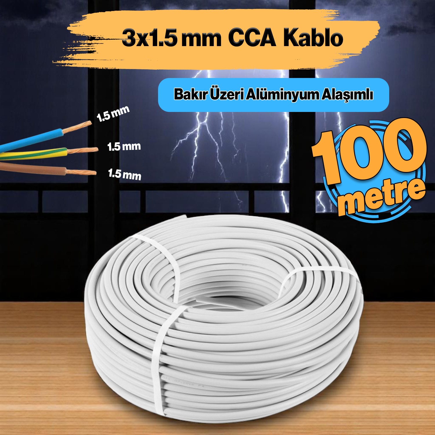 TTR CCA Çok Telli Elektrik Kablosu Topraklı Bakır İletken Damarlı Beyaz Kablo 3x1.5 mm 100 Metre