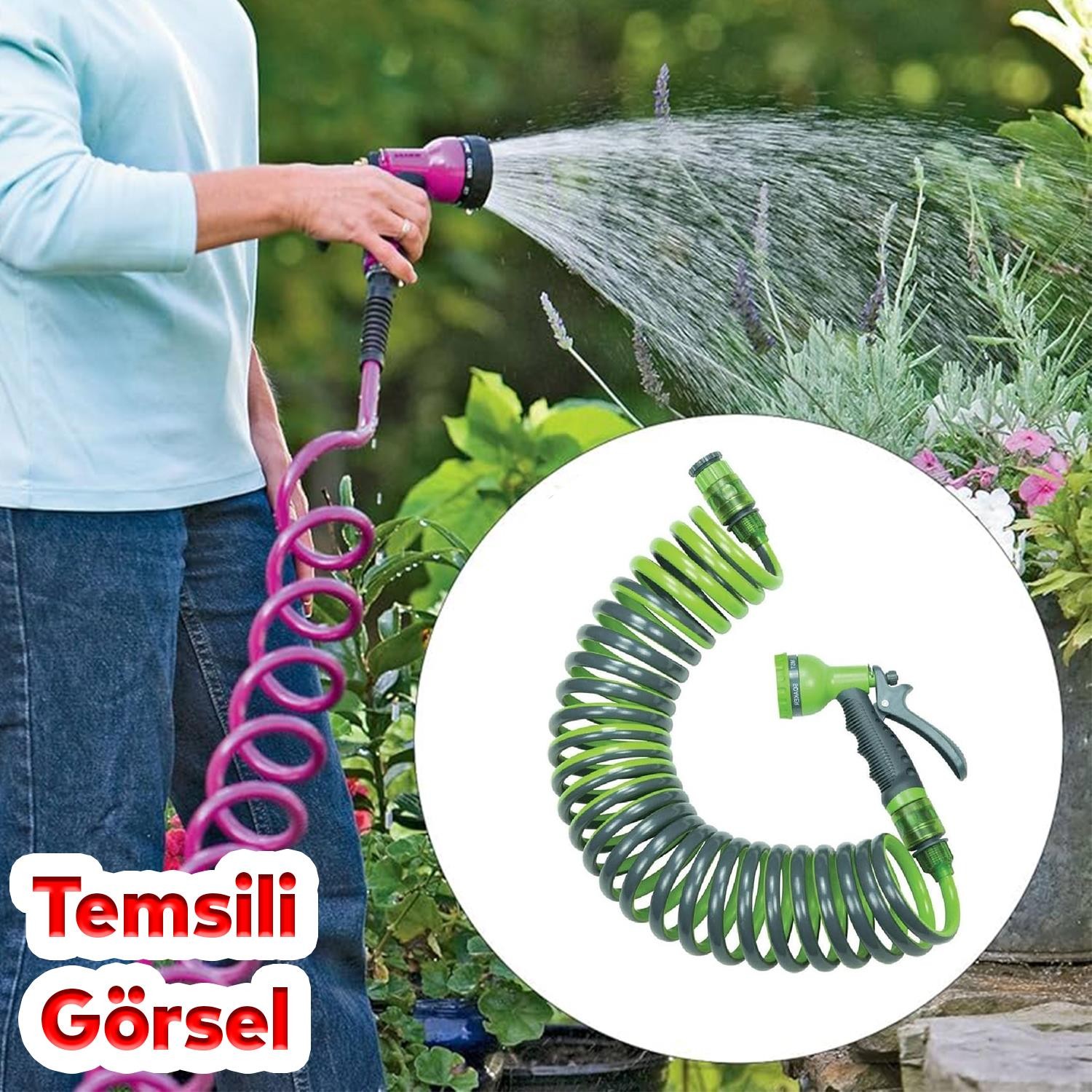 Spiral Uzayan Hortum Seti 6 Fonksiyonlu Tabanca Bahçe Çeşme Su Hortumu Sulama Araç Yıkama 10 Metre