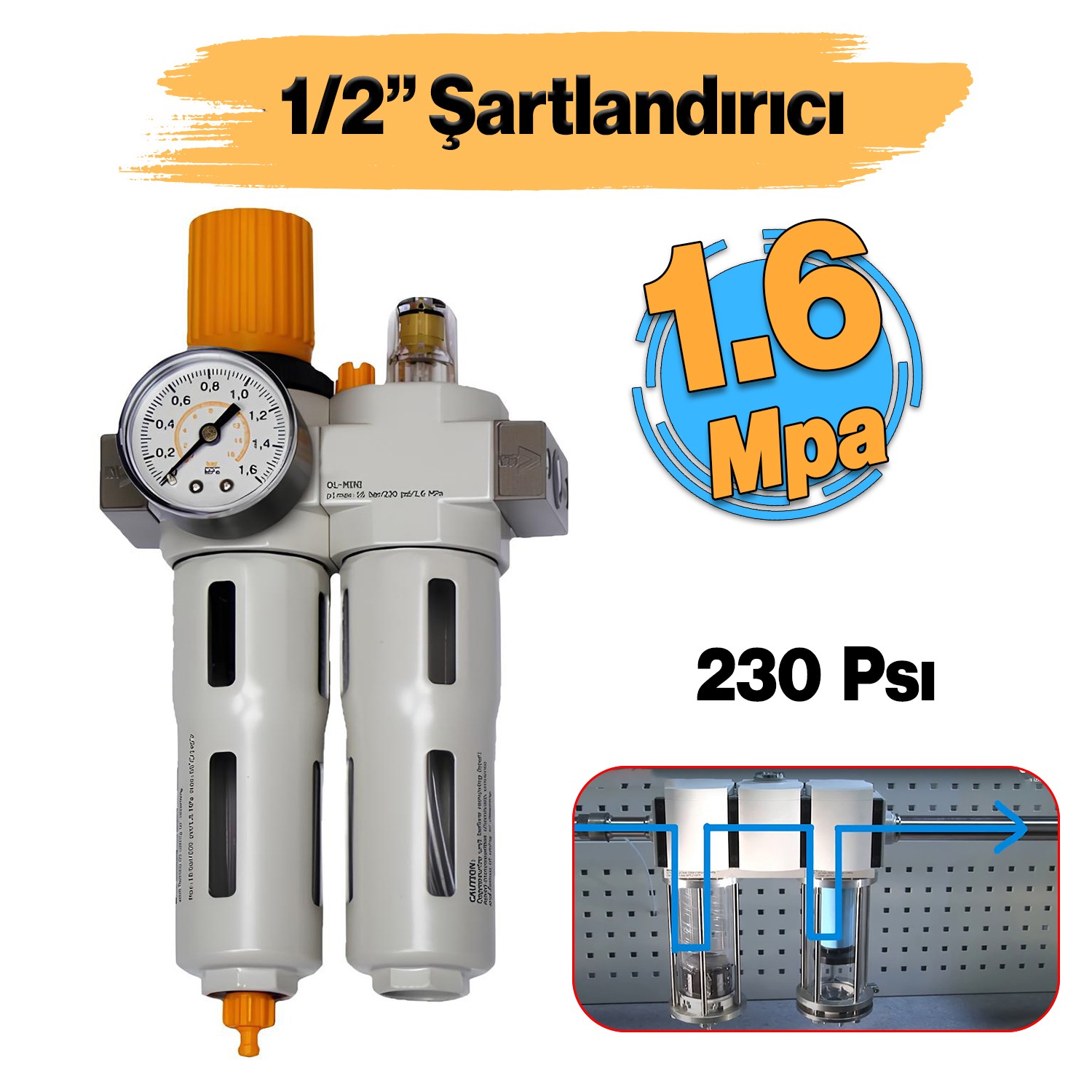 Pnömatik Şartlandırıcı Xou Midi 0.05-1.6 Mpa Maksimum Basınç 230 Psı Hava Komprasör 1/2" İnç