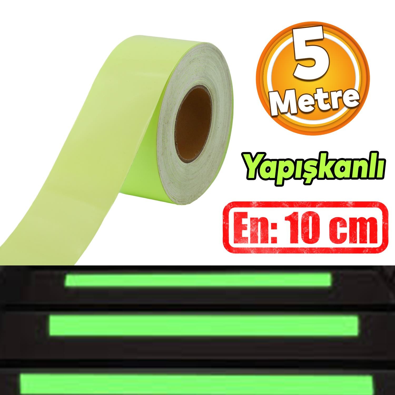 Fotolümen Gece Parlayan En 10 cm Reflektörlü 5 Mt İkaz Yeşil Fosforlu Reflektif Düz Şerit Bant 