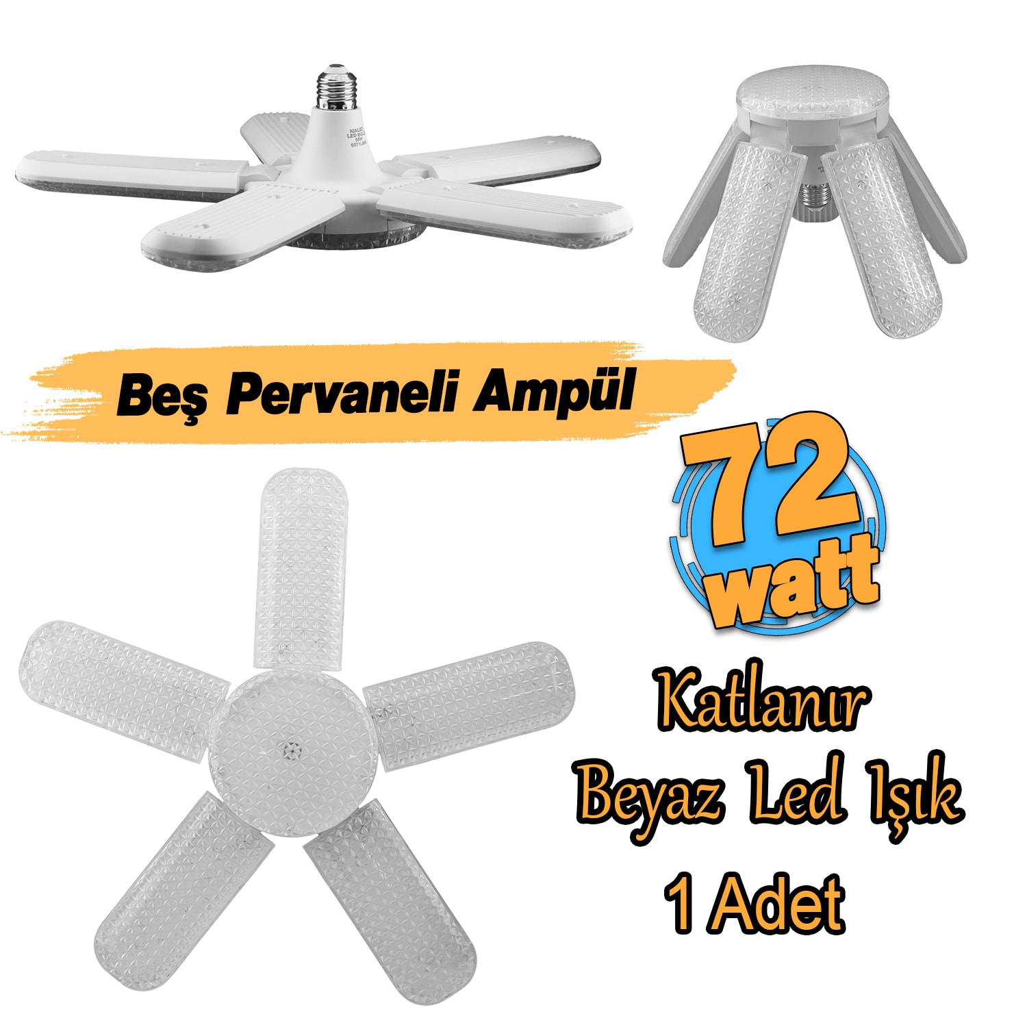 Beş Pervaneli Tasarruflu Ampul 72 W Led Lamba Beyaz E27 Duy 6480 Lümen Uzun Ömürlü 220 Volt 1 Adet