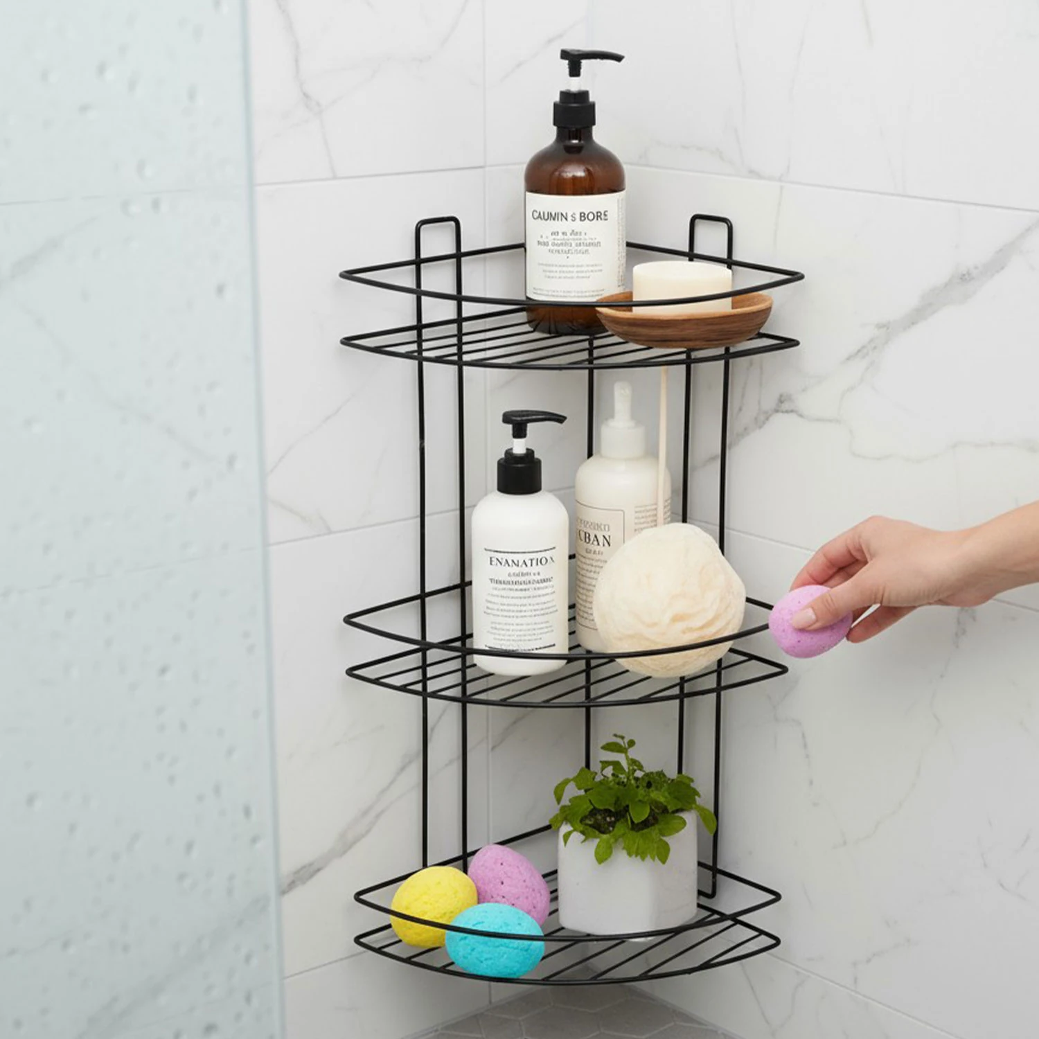 Siyah Vidalı 3 Katlı Köşe Şampuanlık Duş Rafı Metal Banyo Organizeri Paslanmaz Şampuan Sabunluk