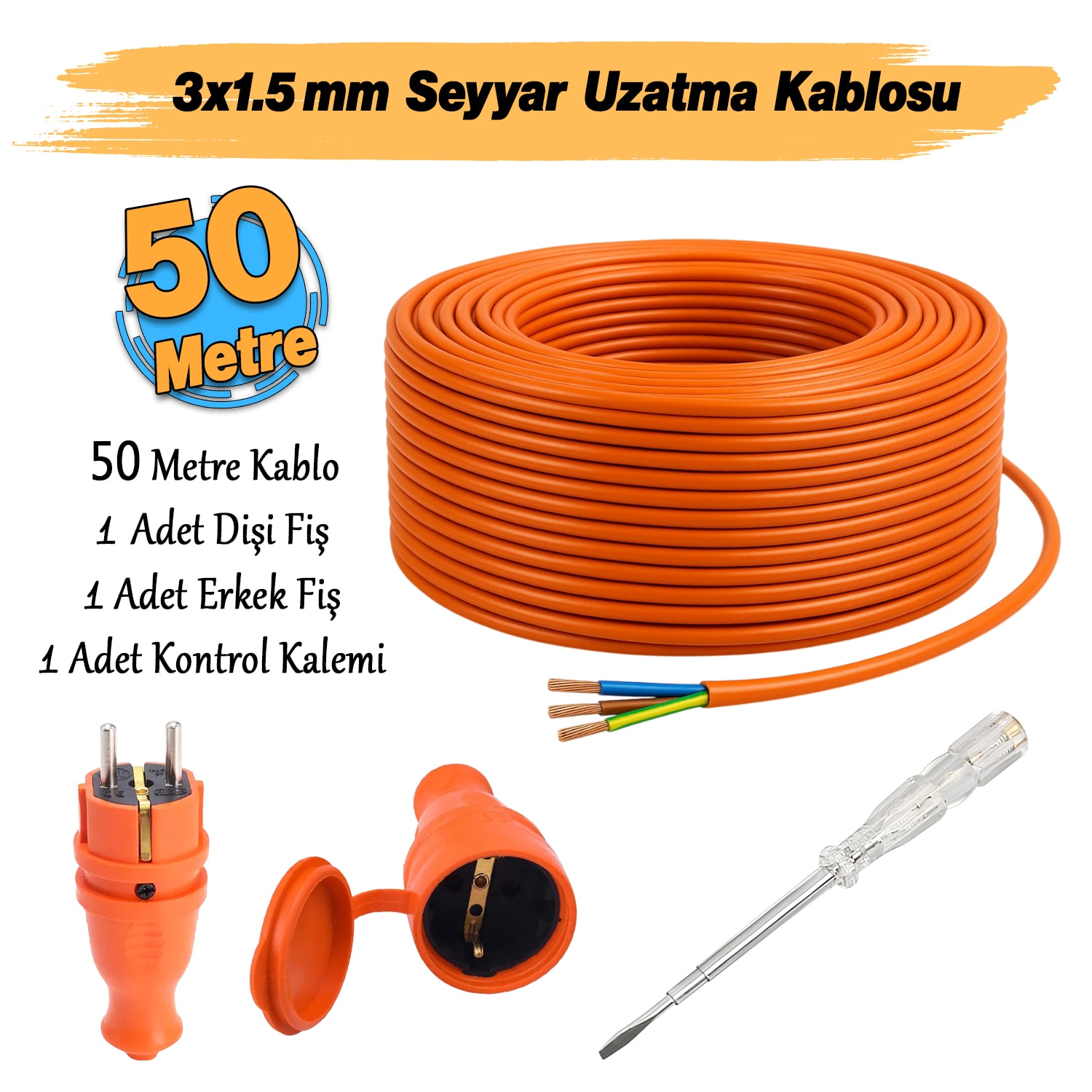 Seyyar 50 Metre Uzatma Kablosu TTR CCA Telli 3x1.5 mm Elektrik Kablo Kontrol Kalem Dişi Erkek Fiş