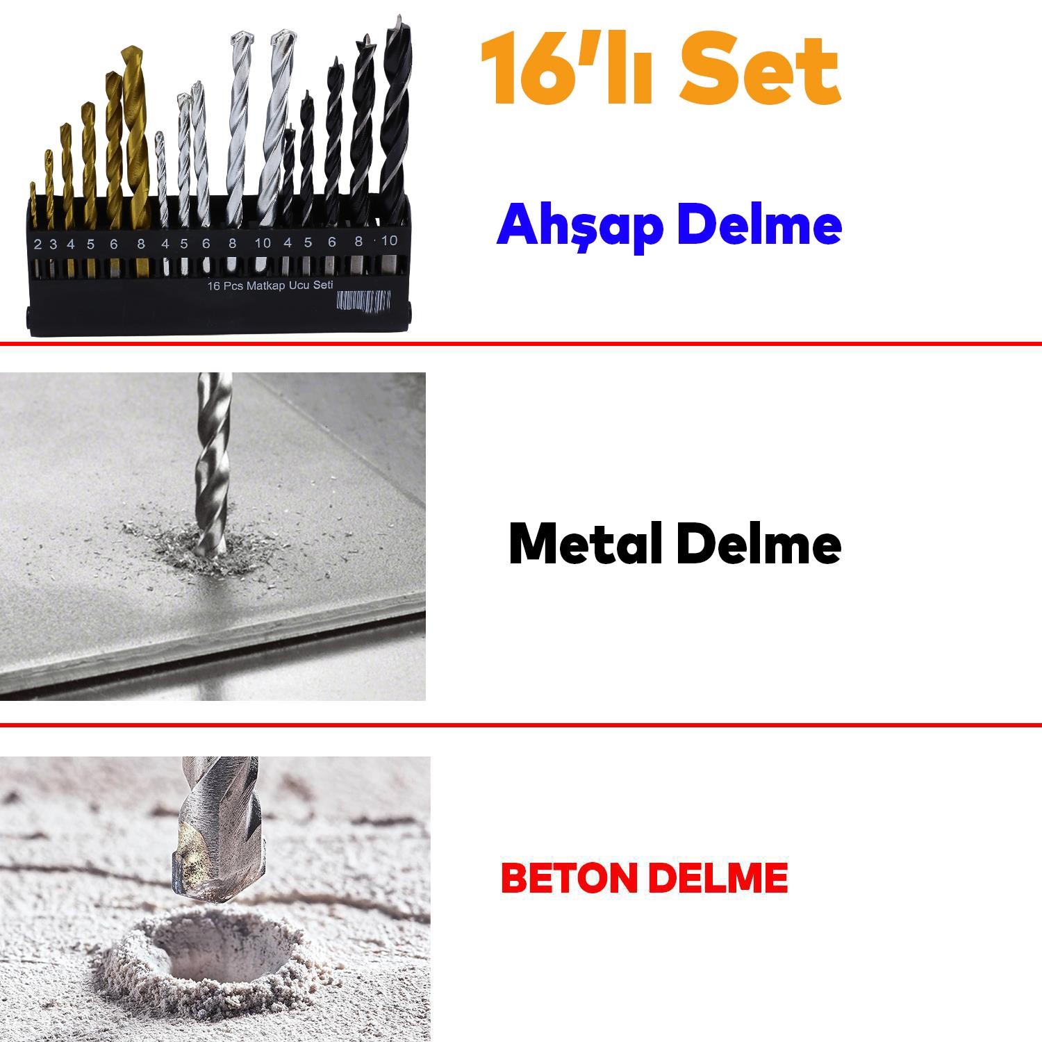 Matkap Ucu Set 16'lı Paket 3'ü Bir Arada Beton Duvar Ahşap Metal Çelik Delme Uç Değişik Uzunluk Çap