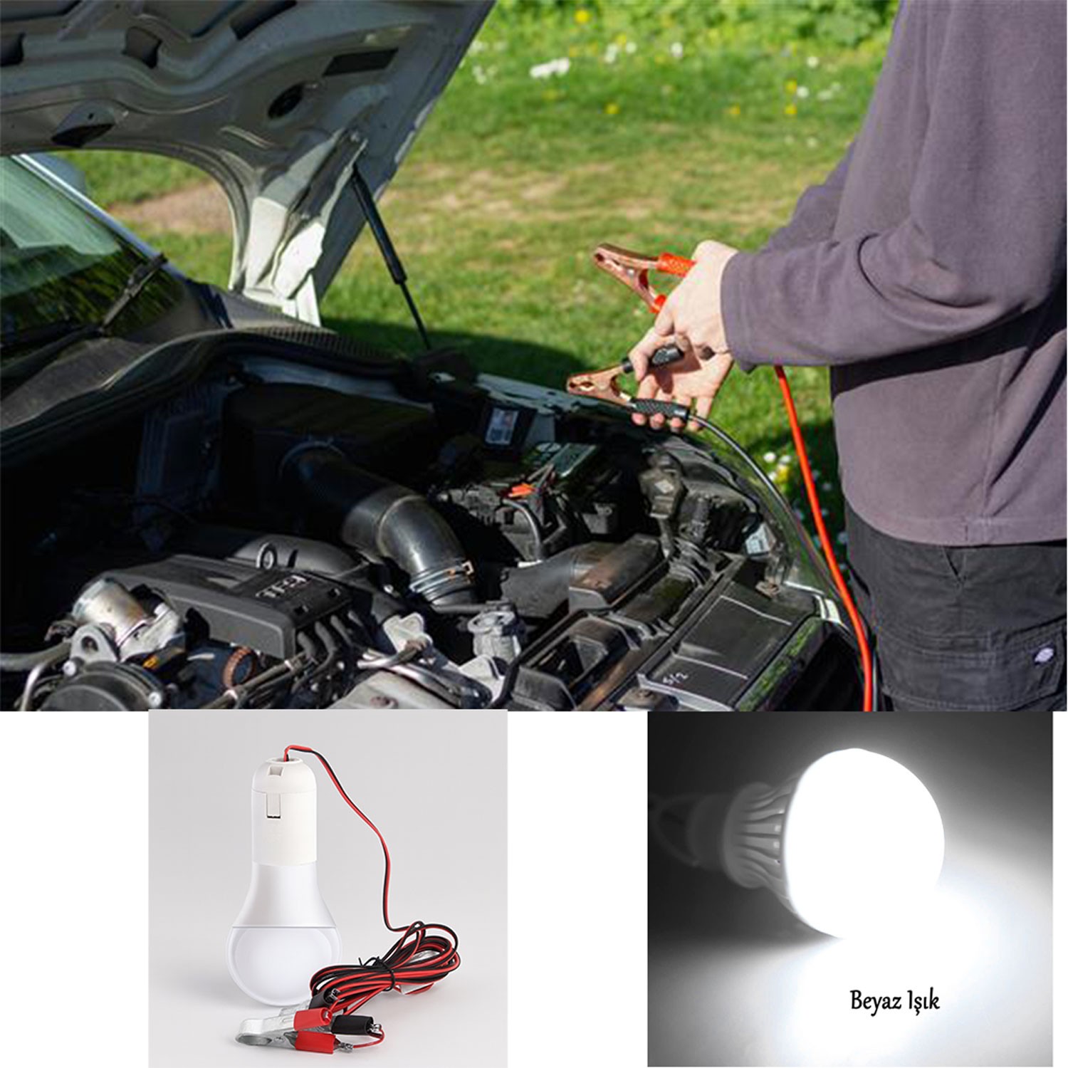 Led Ampul Akü Takviye Kablolu 4 Metre Anahtarlı 5W Tasarruflu Seyyar  Aydınlatma Beyaz Işık Pensli