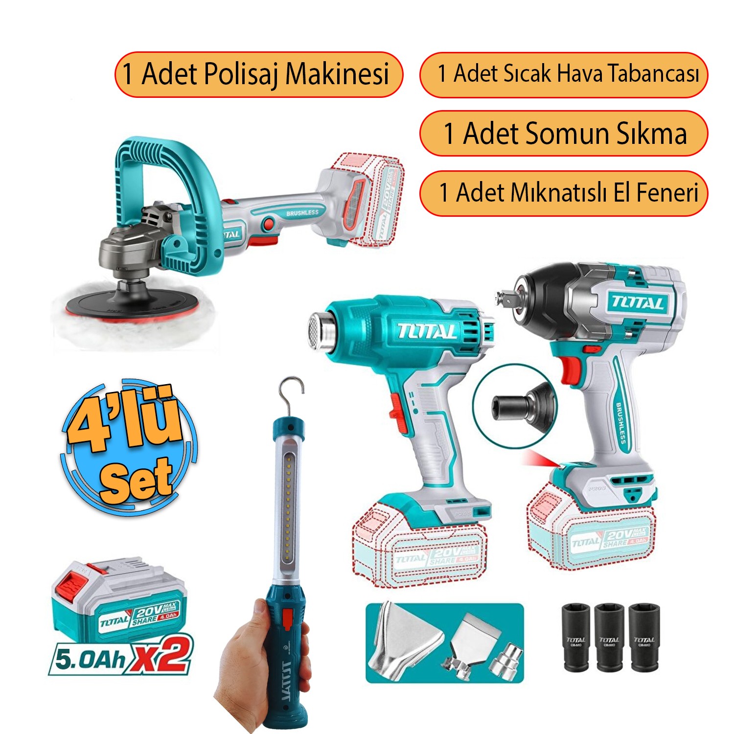 Total 4'lü Set 20 V 4.0 Ah Batarya Polisaj Makine Vidalama Somun Sökme Sıcak Hava Tabanca El Feneri