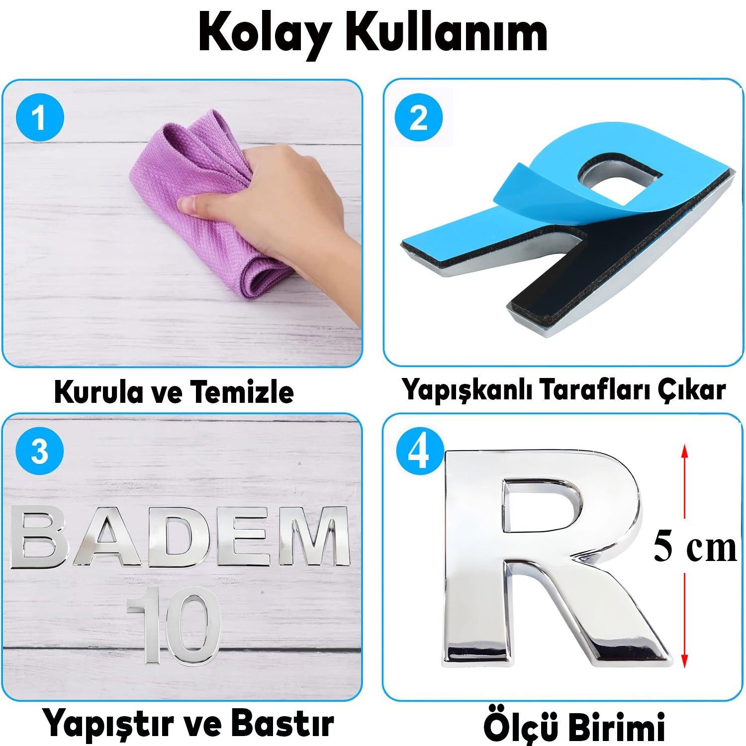 Harf Yapışkanlı R Harfi 5 cm Kapı Oda Posta Kutusu Oto Araç Harfi Yazısı Parlak Krom Gümüş 