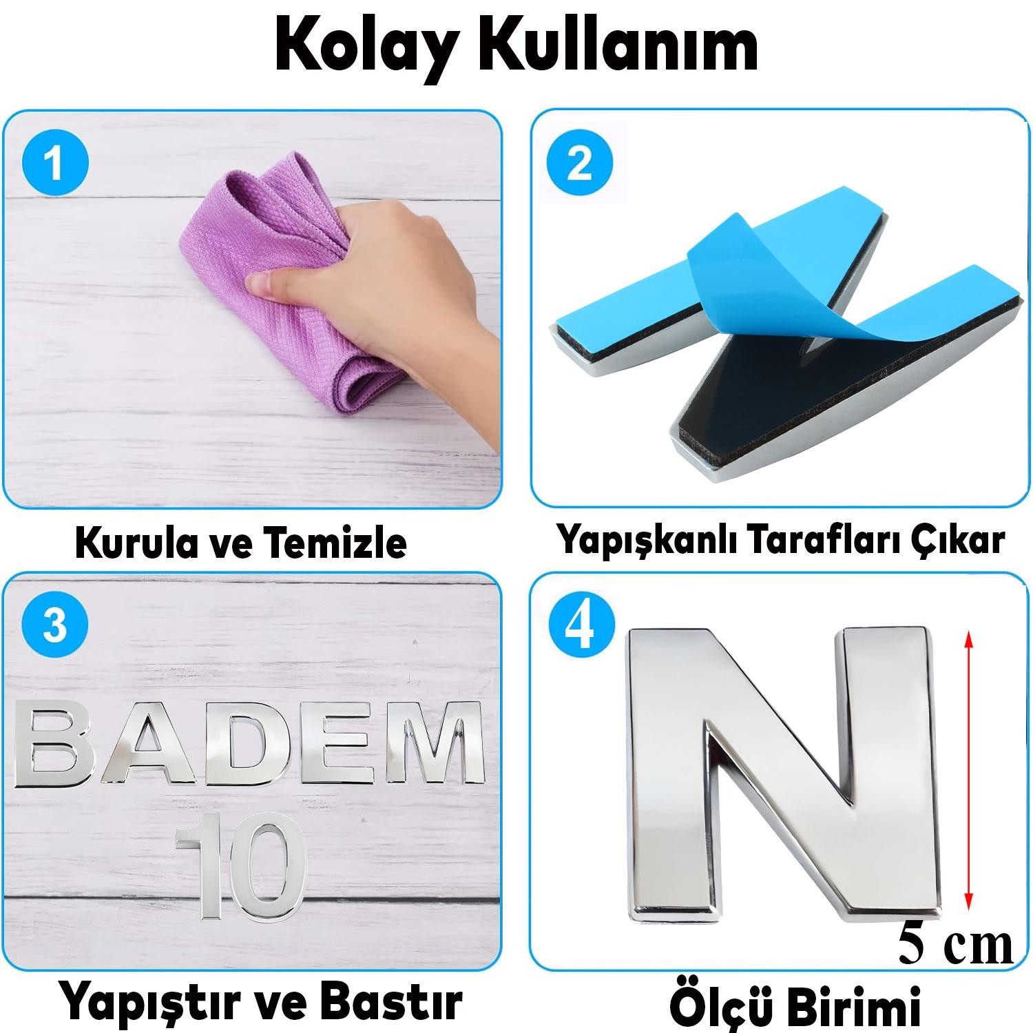 Harf Yapışkanlı N Harfi 5 cm Kapı Oda Posta Kutusu Oto Araç Harfi Yazısı Parlak Krom Gümüş 