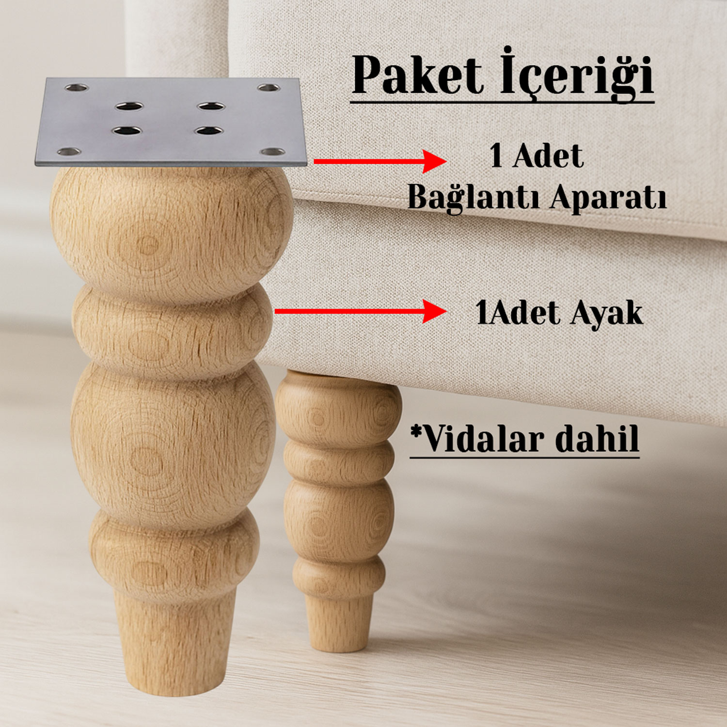 Bohem 17 cm  4'lü Set Boyasız Ham Doğal Ahşap Ayak Silindir Mobilya Koltuk Kanepe Ayağı Aparat Dahil