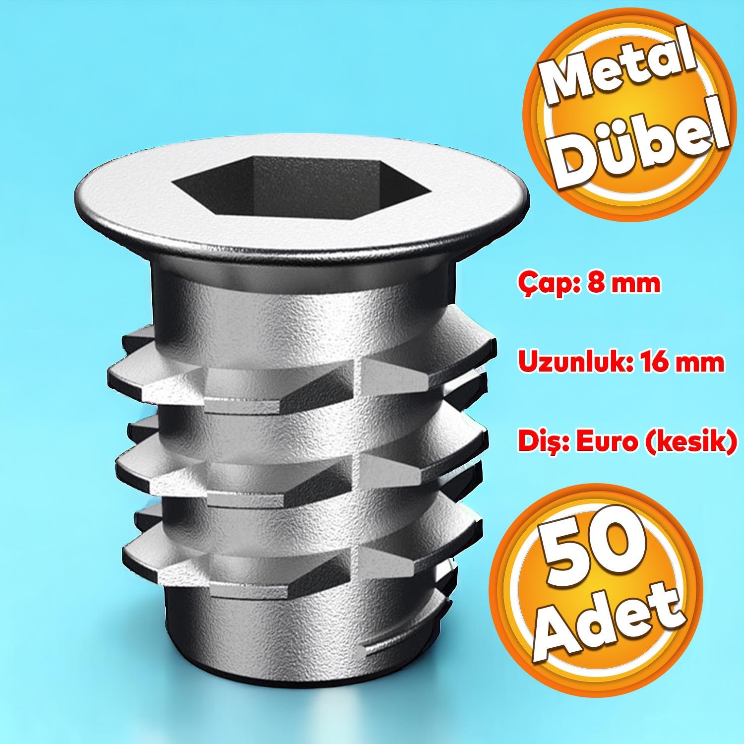 Metal Euro Dişli Dübel Ahşap Dübeli M6 8x16 Diş Çinko Mobilya Bağlantı Ünite Birleştirme (50 ADET)