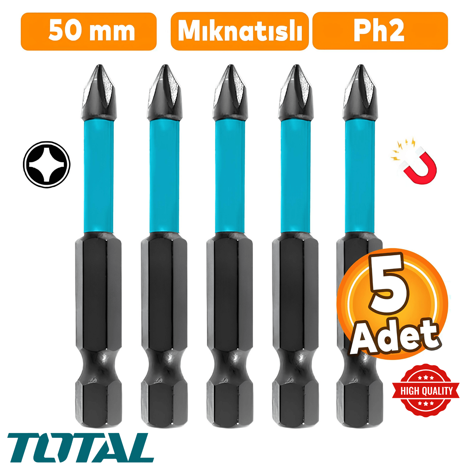 TOTAL 5 Adet Mıknatıslı Bits Uç Ph2 50 mm Vida Sökme 5 Cm Yıldız Matkap Vidalama Ucu S2 Çeliği