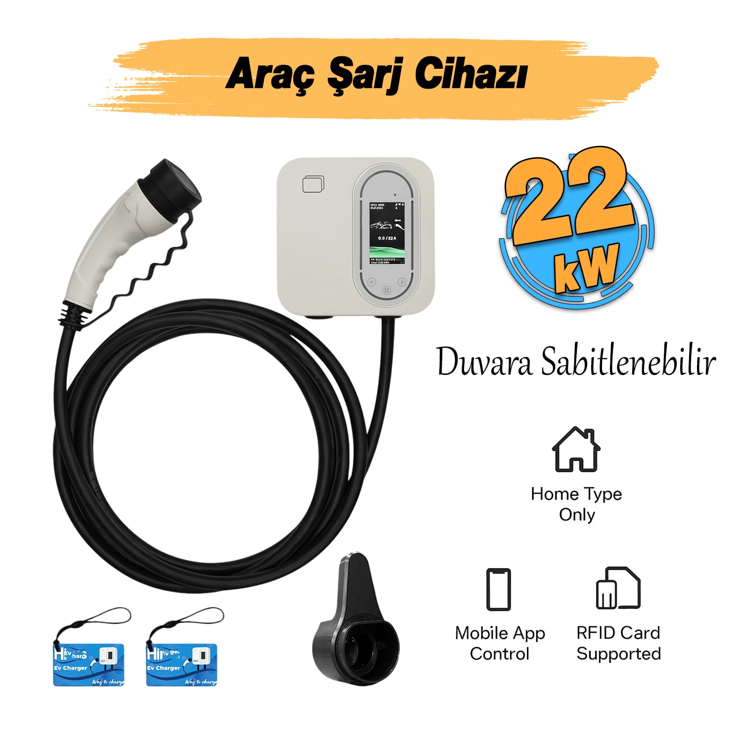 Elektrikli Akıllı Araç Şarj İstasyonu 22 KW Duvar Tipli 5 Metre Kablo Mobil Uygulamalı HCDK-22 RFID