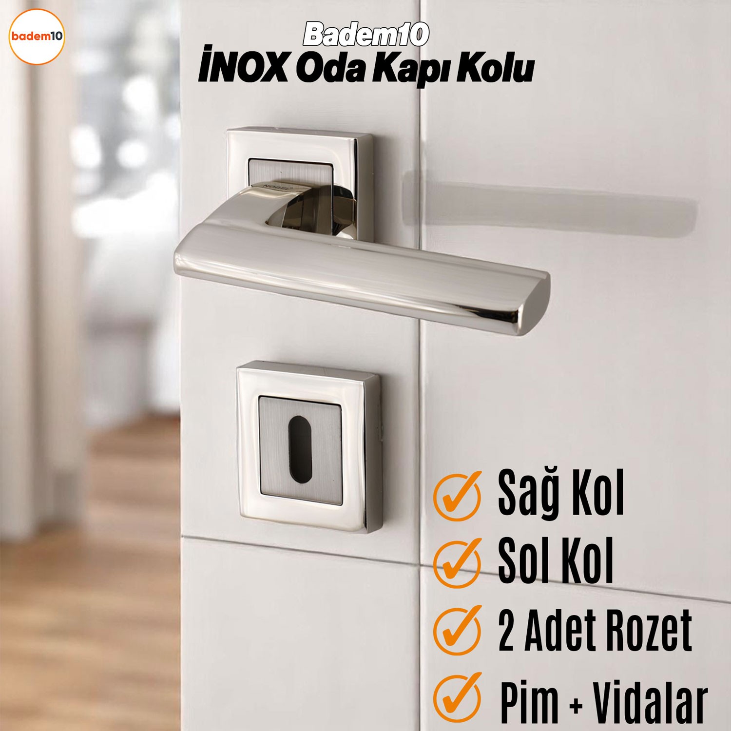Ultra Oda Kapı Kolu İnox Kare Rozetli Sağa Sola Uygun İç Ev Kapısı Kolları Kilitlenebilir 1 Takım
