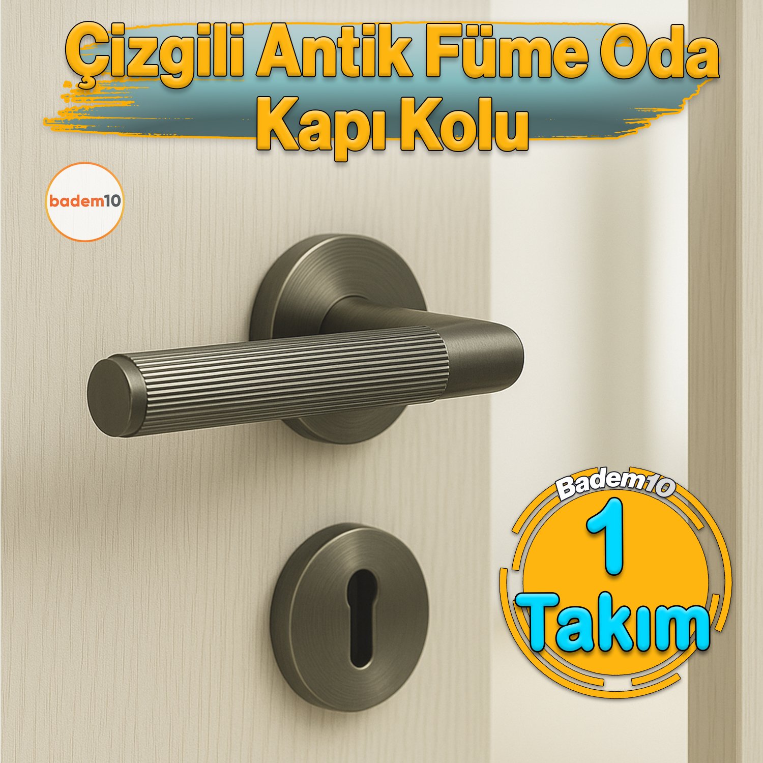 Çizgili Antik Füme Oda Tipi Kapı Kolu Rozetli Sağ Sol Uygun Modern İç Kapı Kilitlenebilir 1 Takım