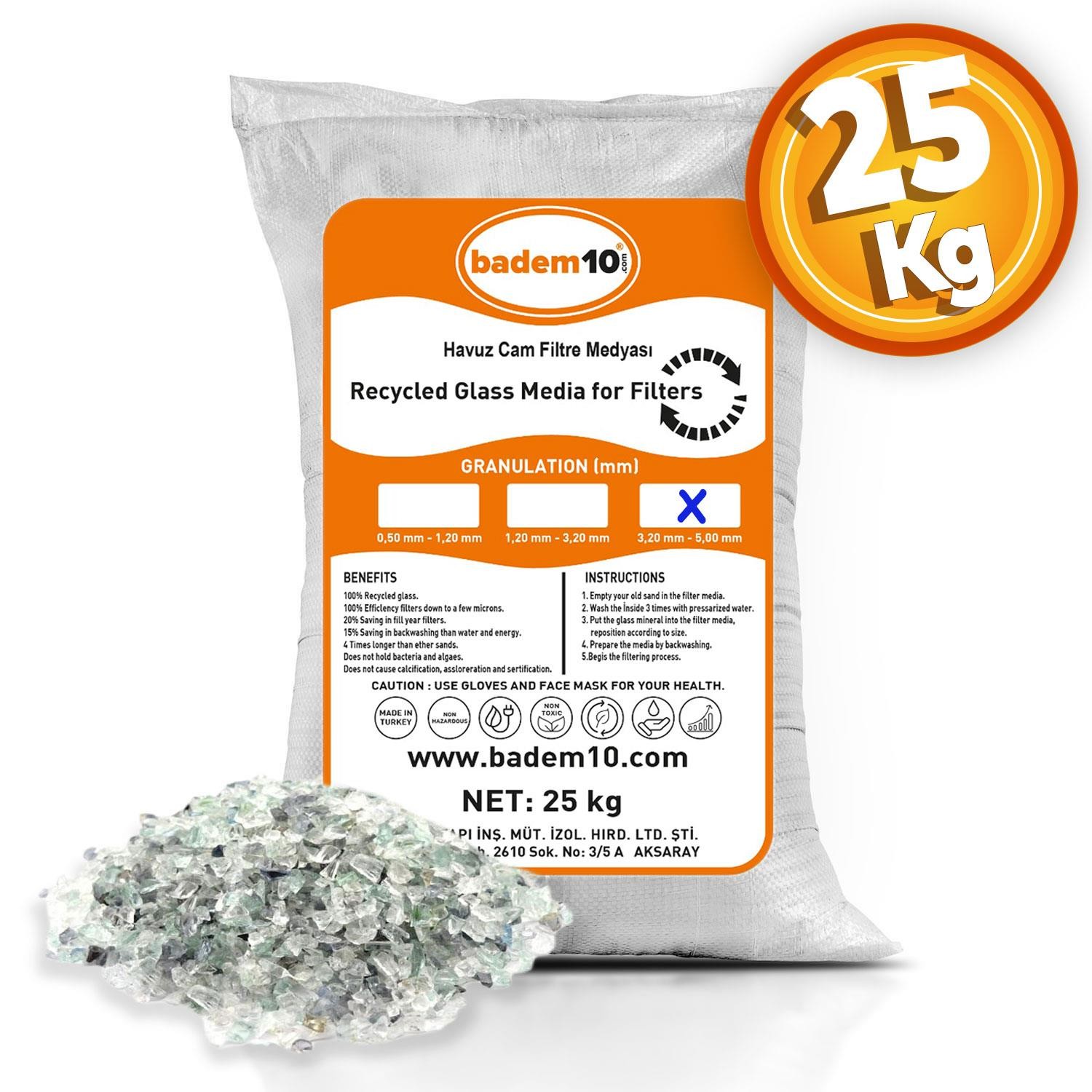 25 Kg Cam Filtre Medyası (3.20-5.00 mm) Havuz Filitre Temizleme Su Arıtma Filtrasyon Filtreleme Kumu