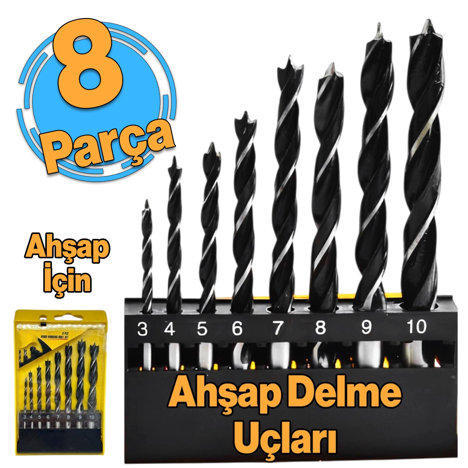 Ahşap Delme Matkap Ucu Set 8 'li Paket Ağaç Sunta Kartonpiyer Delme 3 4 5 6 7 8 9 10 mm Çap 