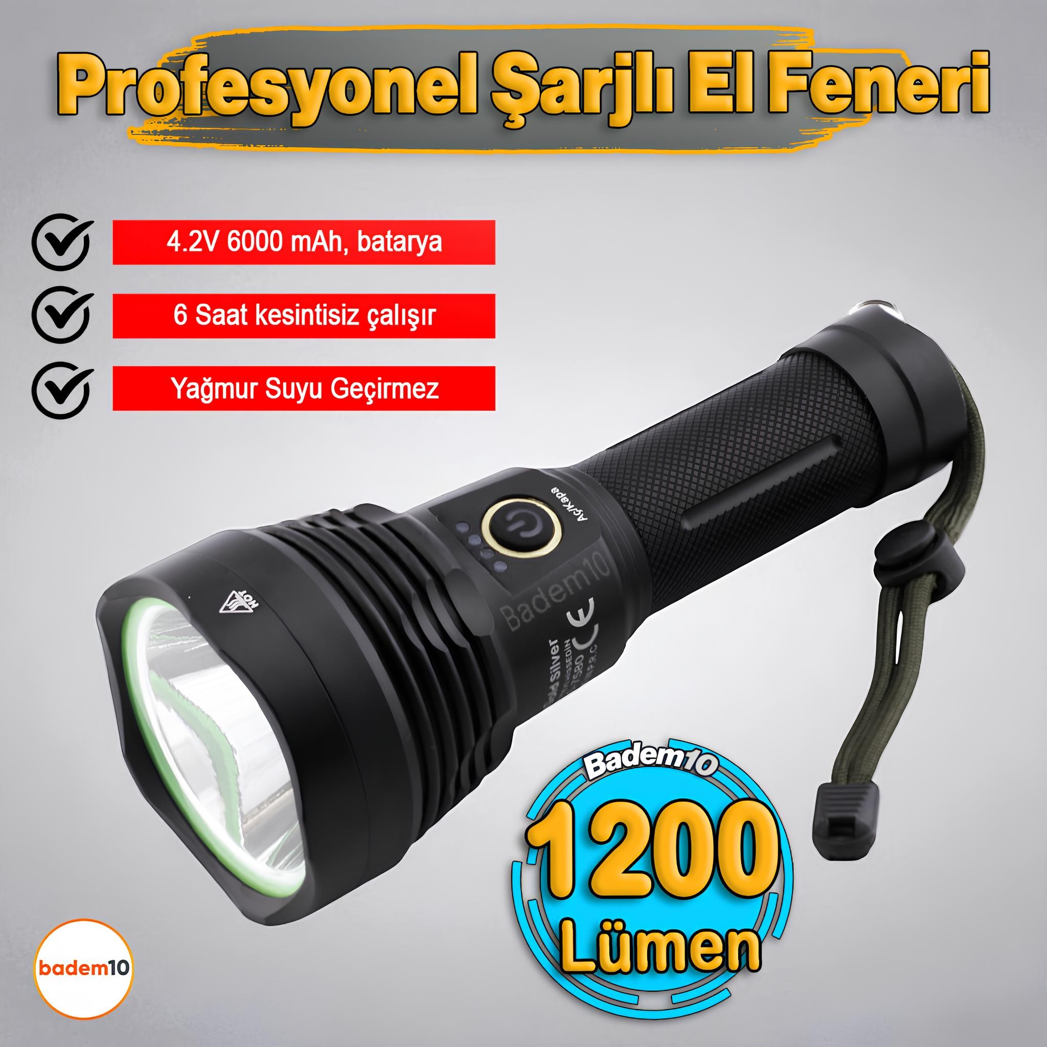 El Feneri 1200 Lümen Uzun Menzil 20W 6000 mAh Şarjlı Powerbank Ledli Işık Lambası Su Geçirmez Kamp