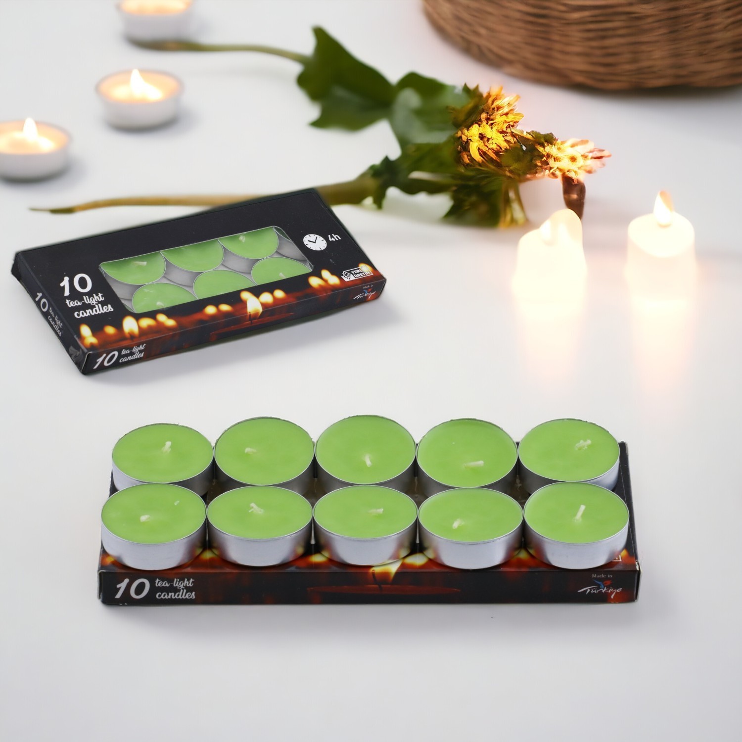 Tealight Mum 10x10 Gr Dekoratif Mumu Kandil Hediyelik Fitilli Mumluk Şamdan Yeşil Renk Kokusuz