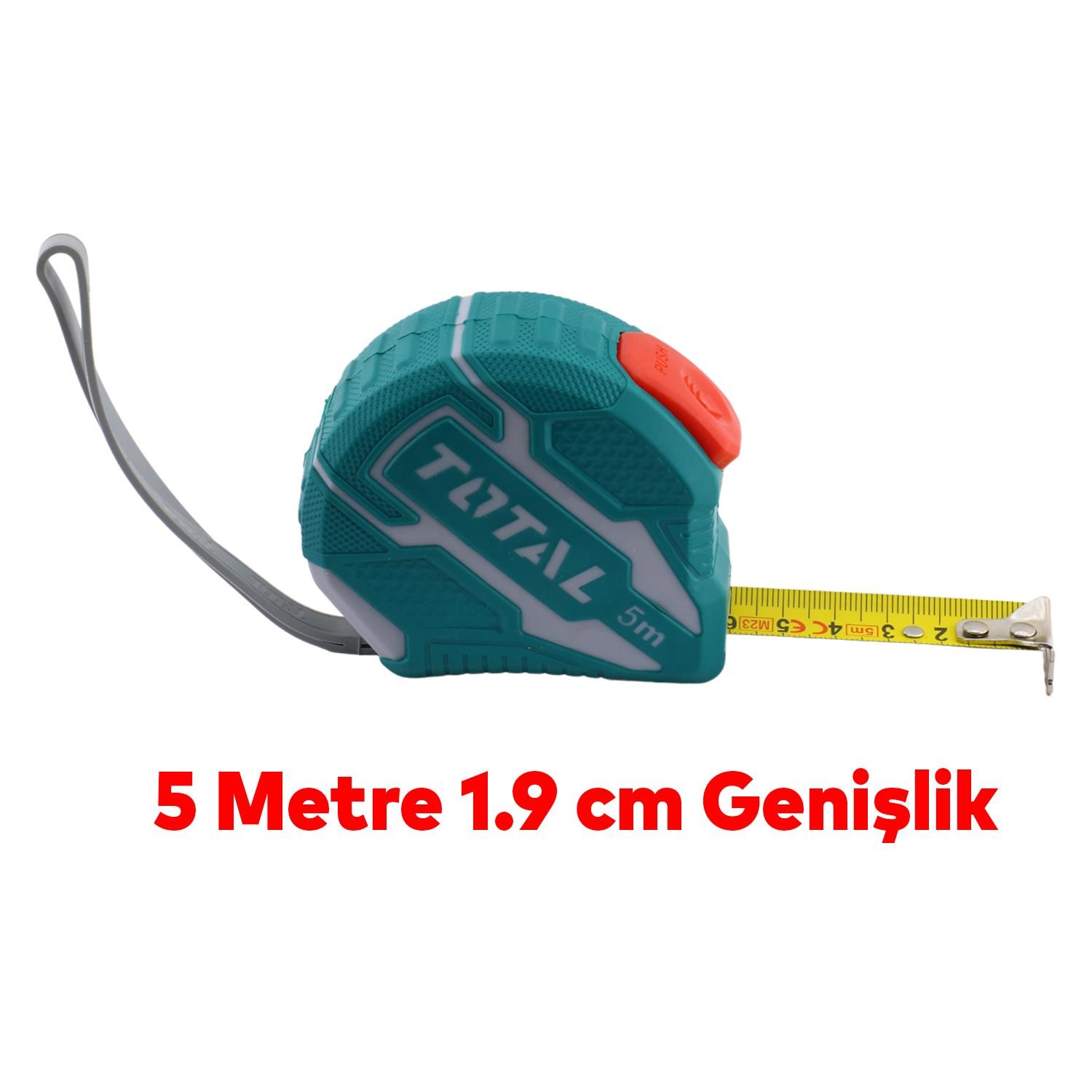 Total Stoplu Metal Metre 5 m x 19 mm Şerit Metre Sarı Renk Düğmeli Ölçüm Ölçme Bükülebilir