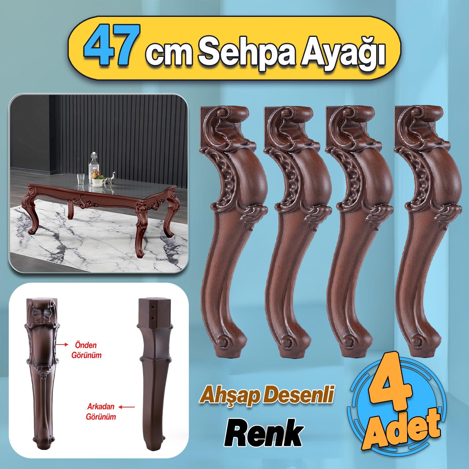 Ahşap Desenli 4 Adet Valenta Plastik Sehpa Ayağı 47 cm  Mobilya Zigon Çay Orta Sehpası Ayak Ayakları