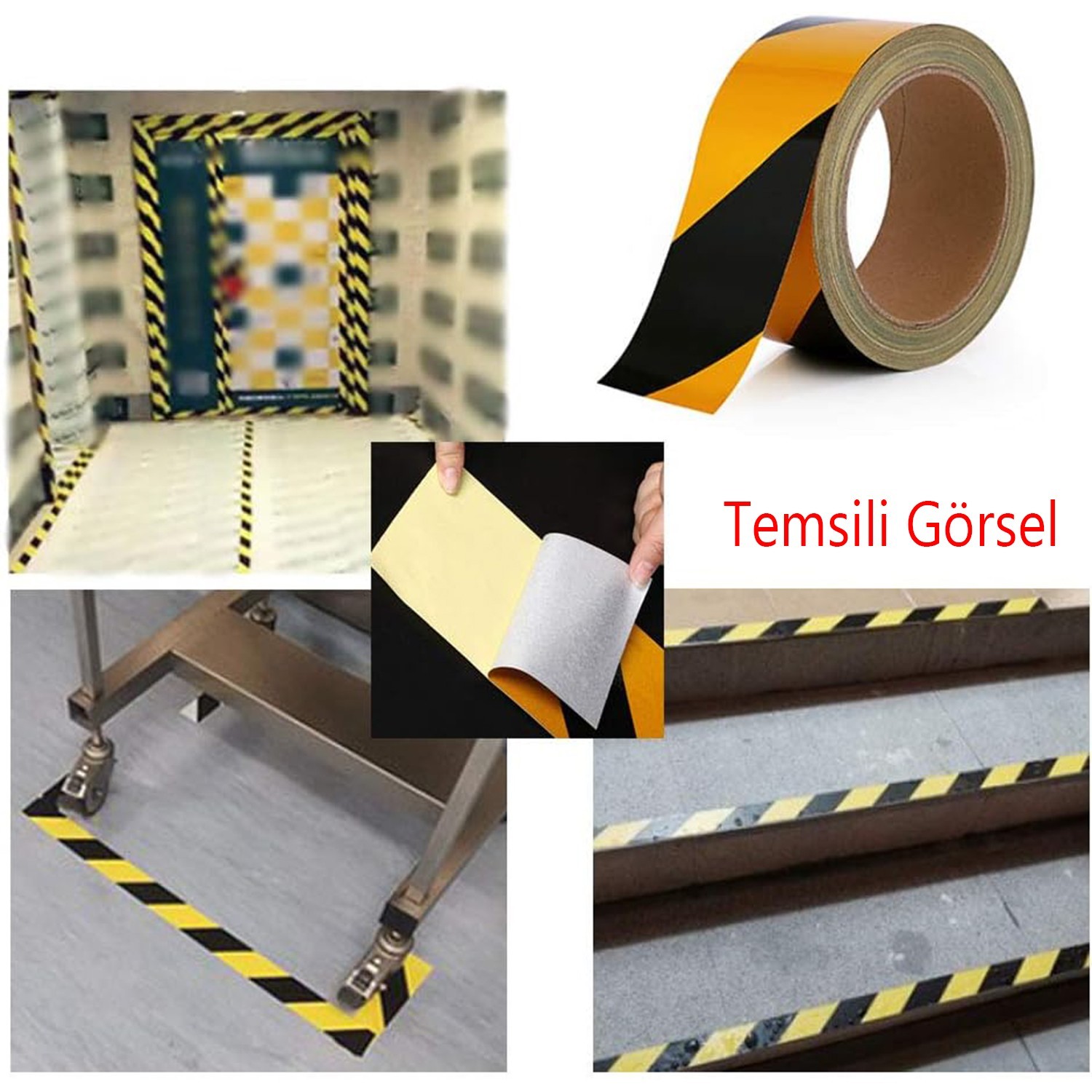 Yapışkanlı Sarı Siyah 5 Mt İşaretli Yönlendirme Reflektörlü Reflektif Şerit Bant 7.5 cm İkaz Bandı