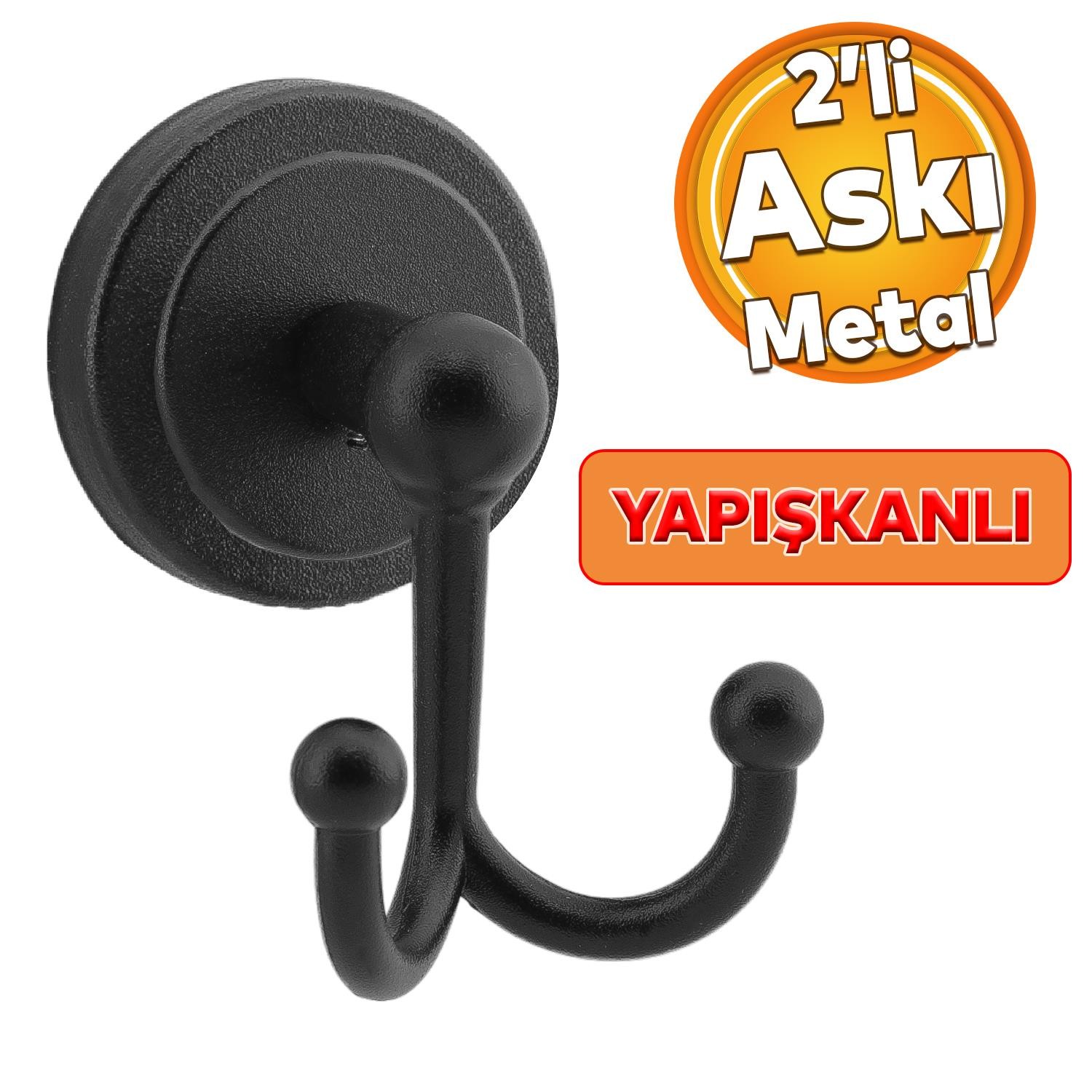 Yapışkanlı Siyah Renk Metal Sağlam Aparat Bornoz Havlu Asma Askı Banyo Lavabo Çatal 2'li Askılık 