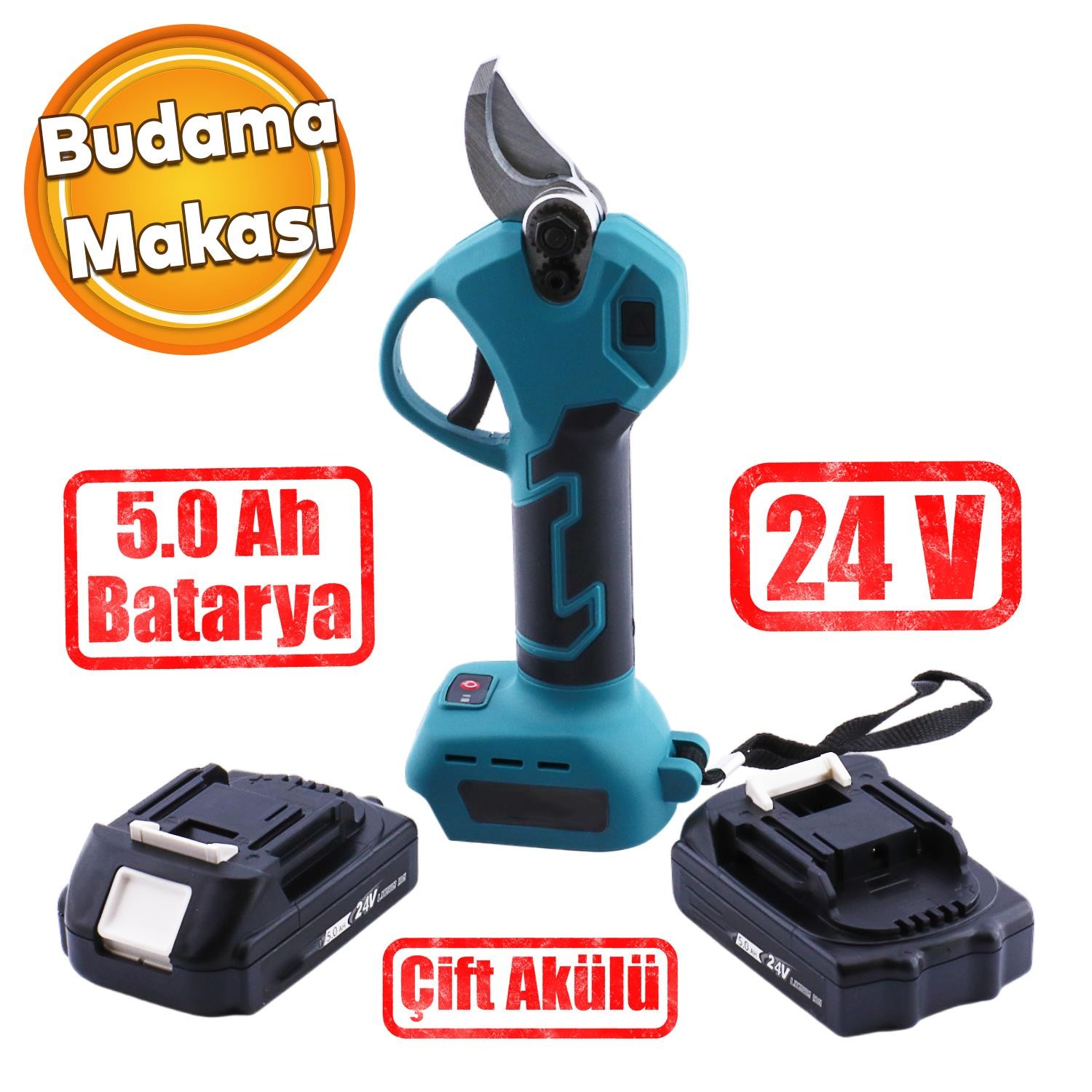 Elektrikli Şarjlı Çift Akülü Budama Makası Dal Kesme 5.0 AH 24 V Kömürsüz Bağ Üzüm Çubuk Budama