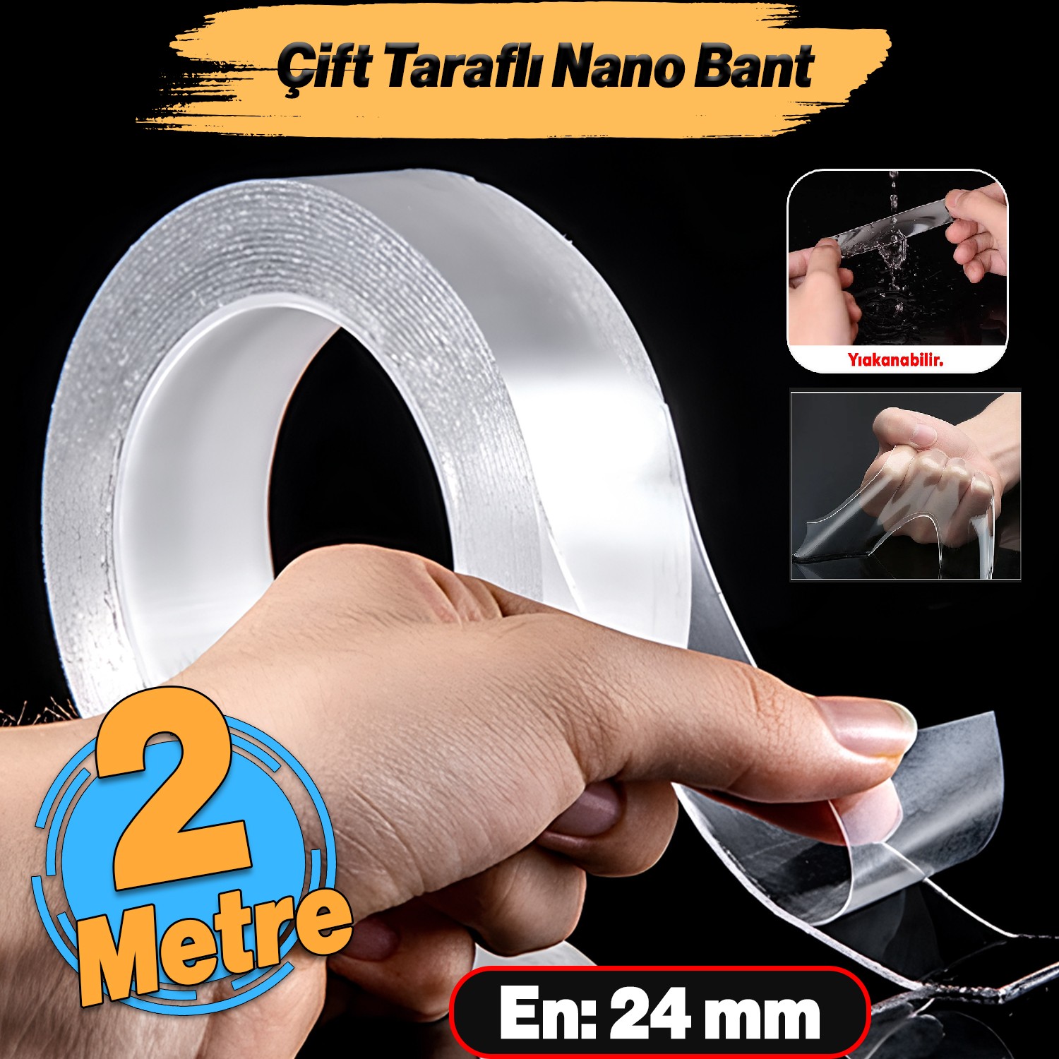 Çift Taraflı Nano Bant Montaj Çok Amaçlı Güçlü Yapıştırma Bandı Şeffaf 24 mm x 2 Metre Yıkanabilir