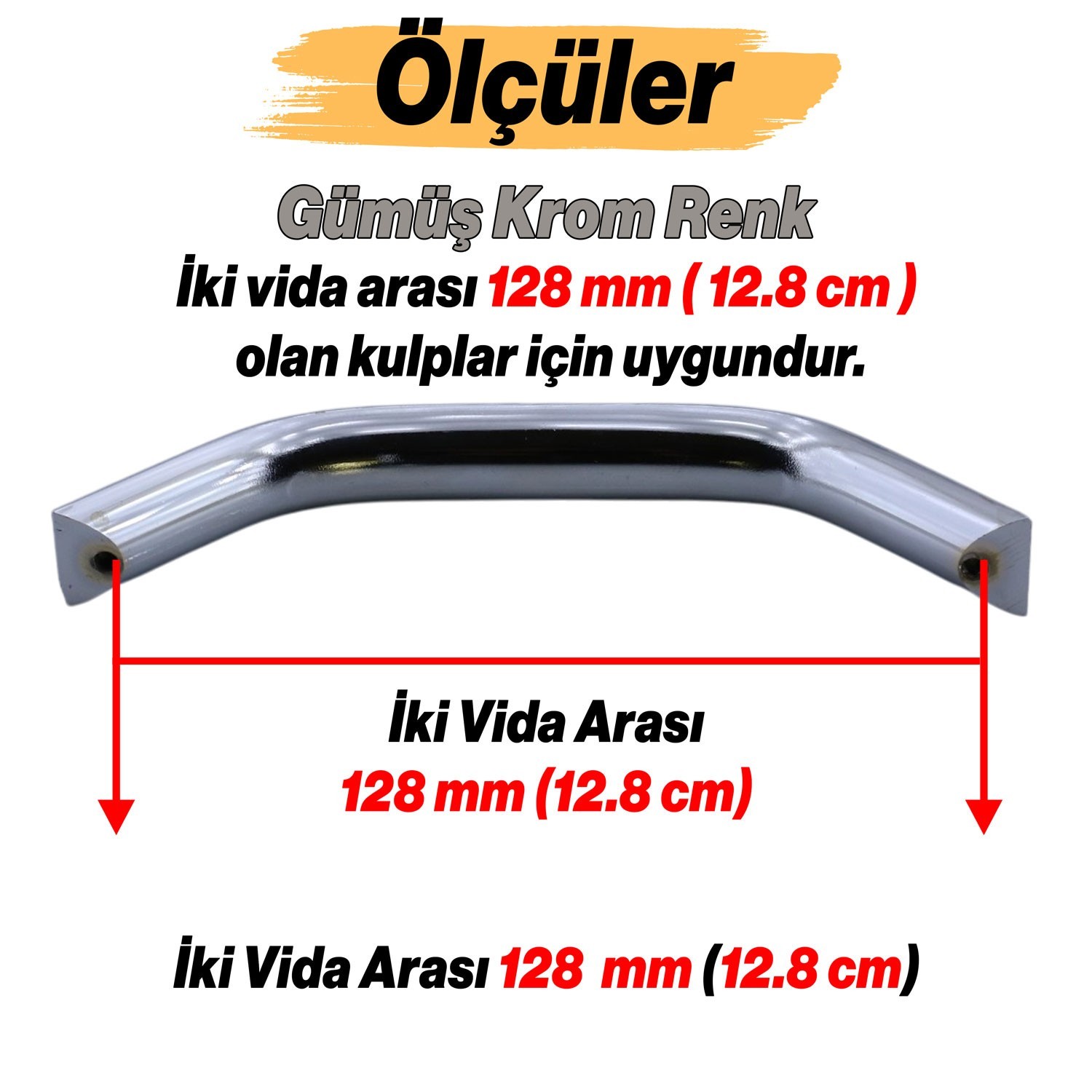 Şahin Krom Gümüş Metal Kulp 128 mm  12.8 cm Mobilya Çekmece Mutfak Dolabı Dolap Kulpları Kulbu Kulpu