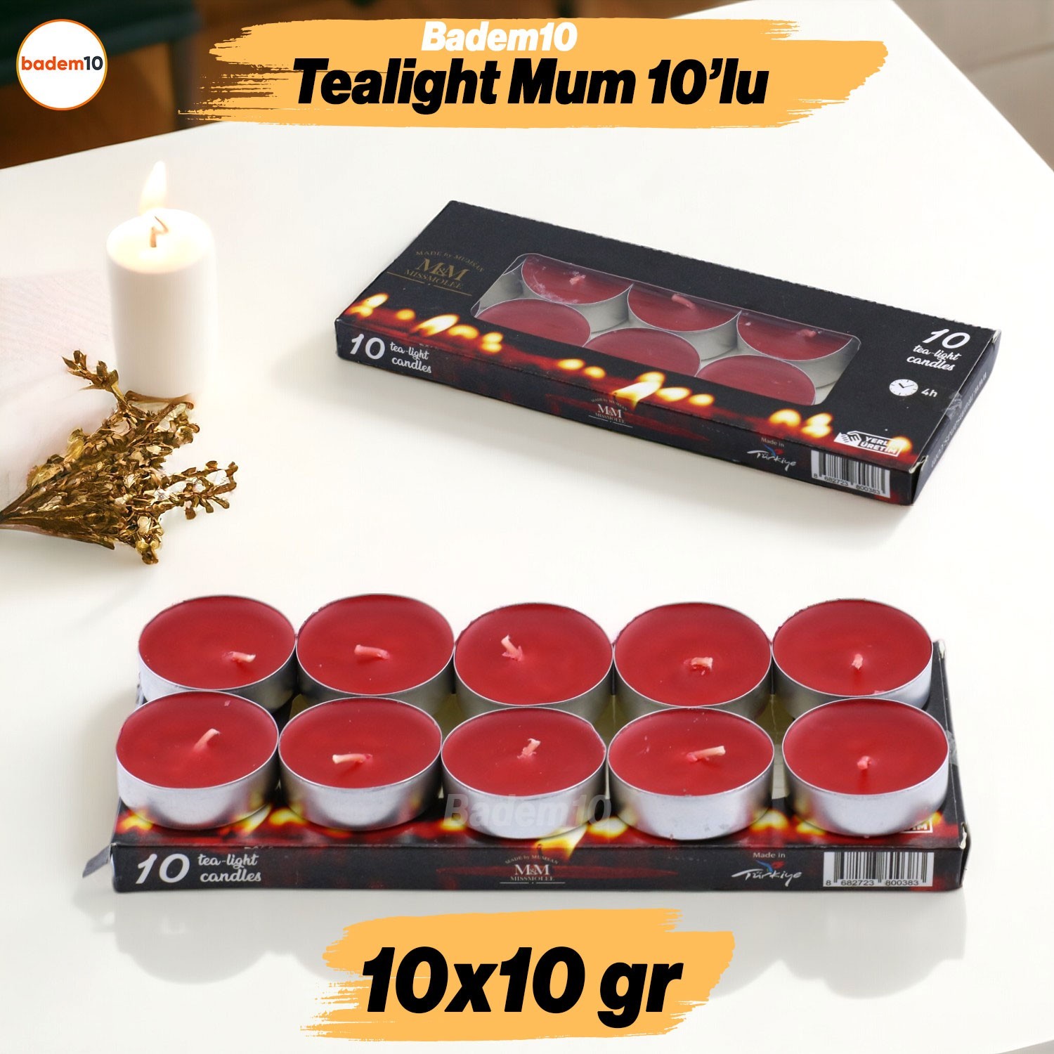 Tealight Mum 10x10 Gr Dekoratif Mumu Kandil Hediyelik Fitilli Mumluk Şamdan Kırmızı Renk Kokusuz