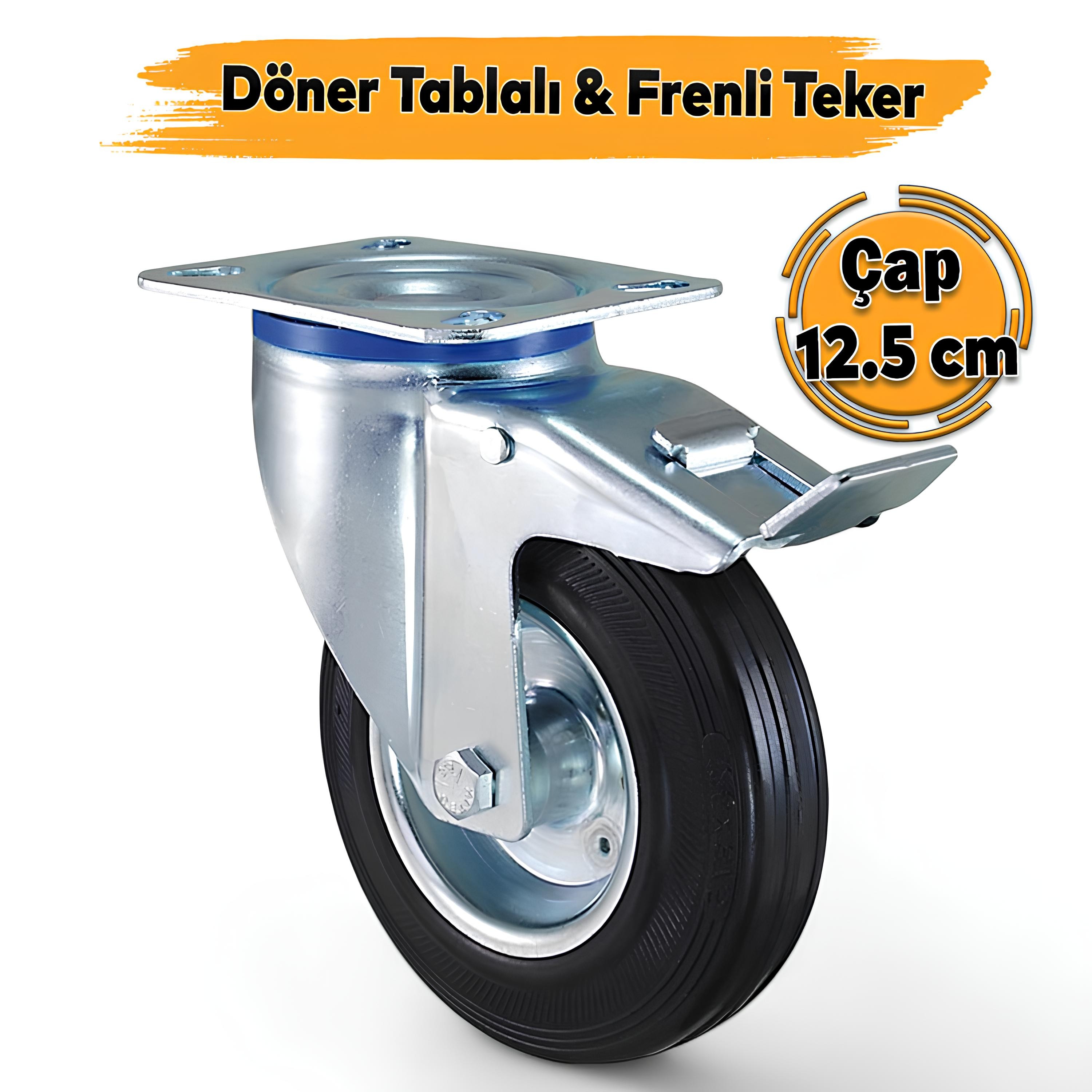 Frenli Oynak Döner Tablalı Sanayi Tipi 125x37.5 cm Teker Endüstriyel Siyah Burçlu Ağır Yük Tekeri