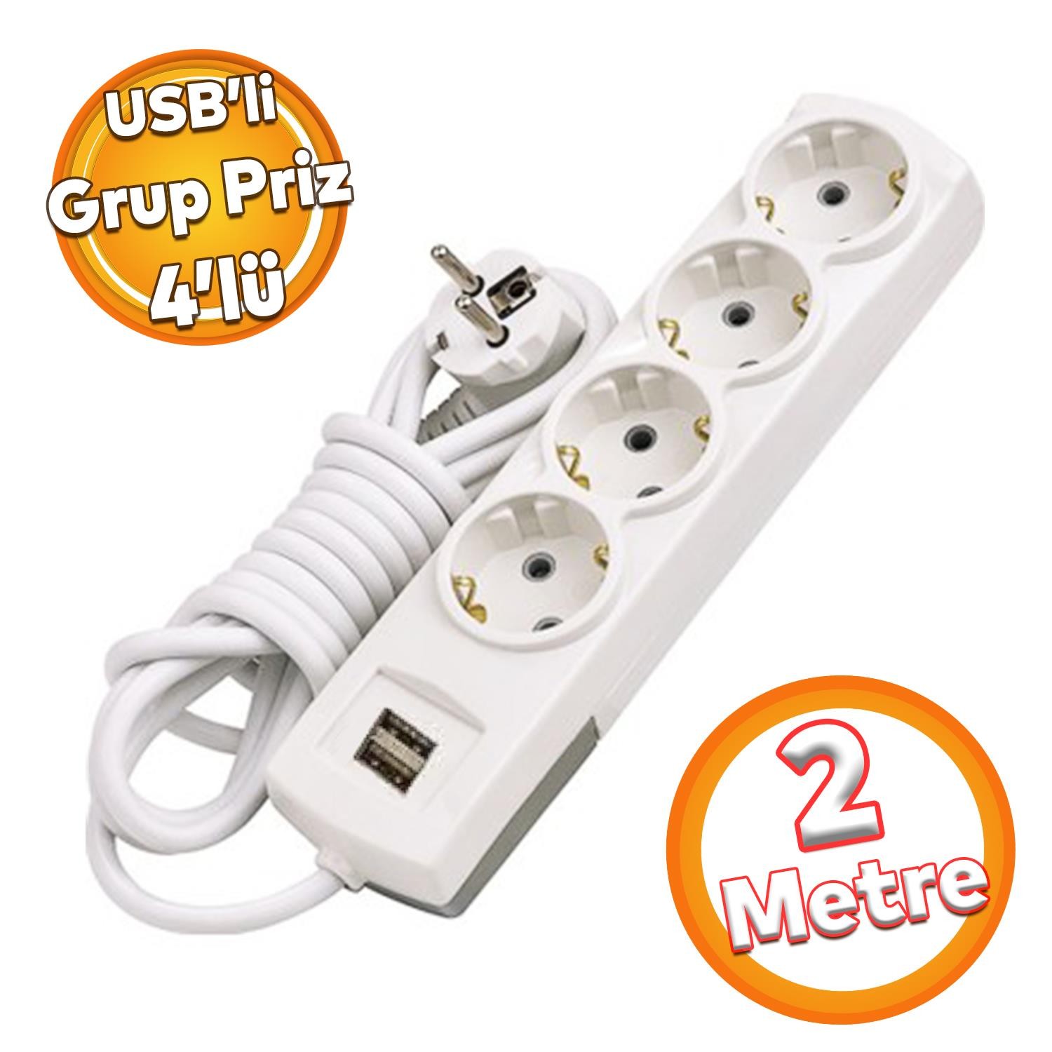 Kablolu USB'li 4'lü Topraklı Grup Priz Fiş Çoğaltıcı 2 Metre Çoklu Asmalı Uzatma Kablosu Düğmesiz