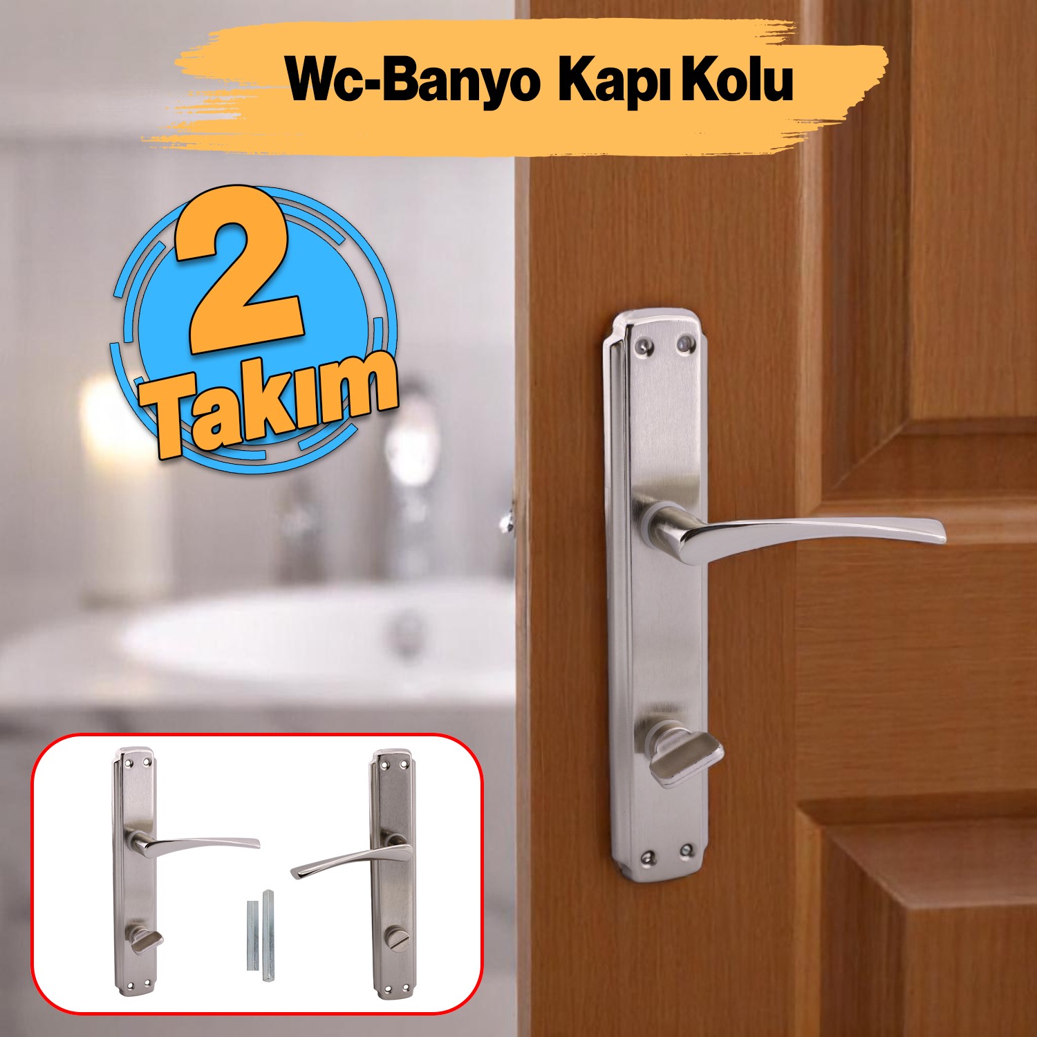 Kilitlenebilir WC Banyo Kapı Kolu (2 Takım) Nikel İnox Aynalı Sağa Sola Uygun İç Dış Tuvalet Kapısı