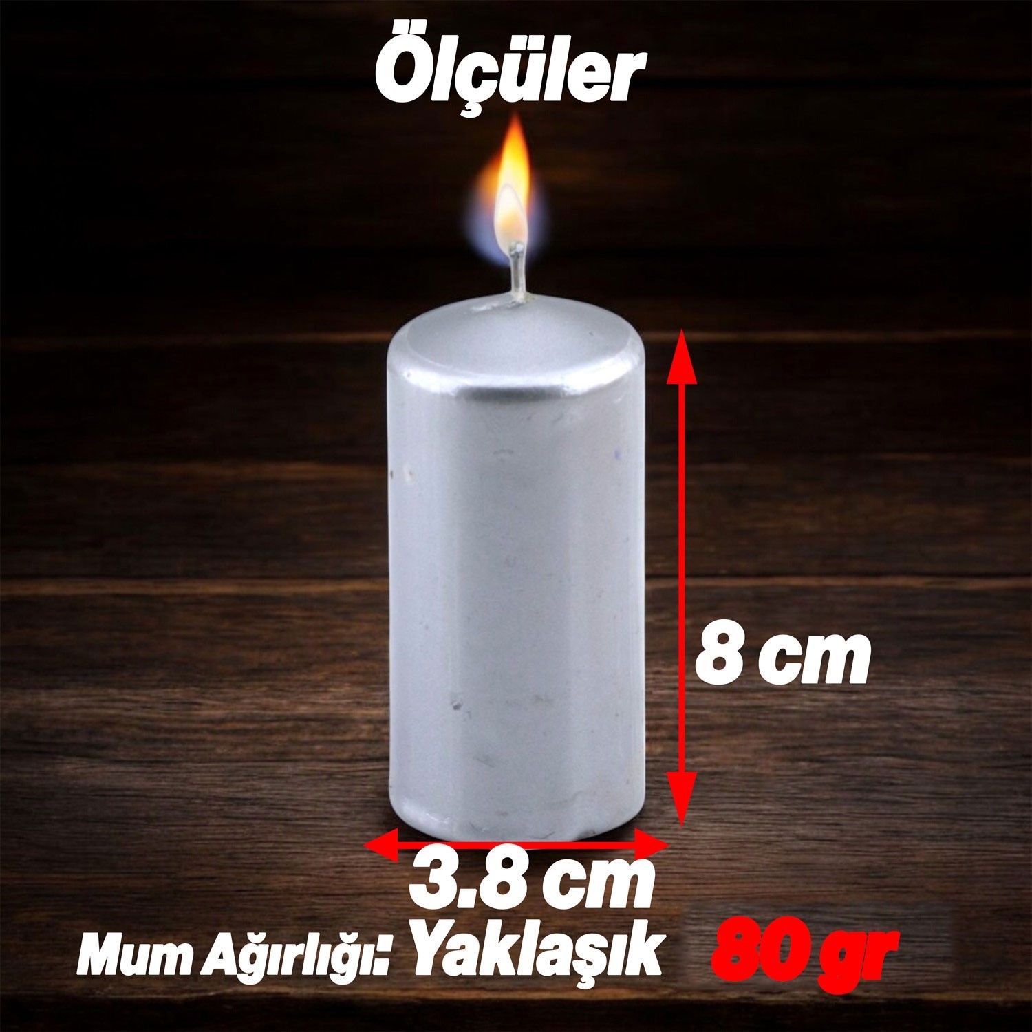 Baton Mum Metalik Kaplama Gümüş Silindir Dekoratif Mumu Kandil Hediyelik Mumlar Şamdan Kokusuz 8 cm