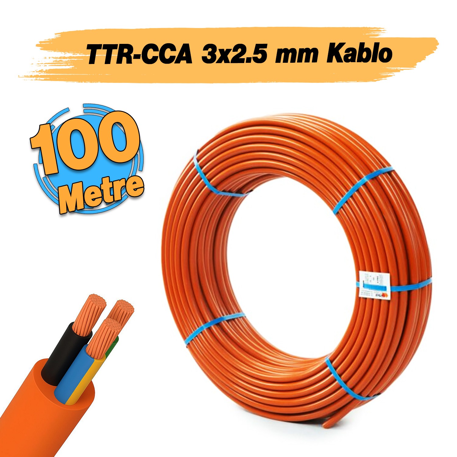 TTR CCA Çok Telli 3x2.5 mm 100 Metre Elektrik Kablosu Turuncu Renk Topraklı İletken Kablo H05VV-F