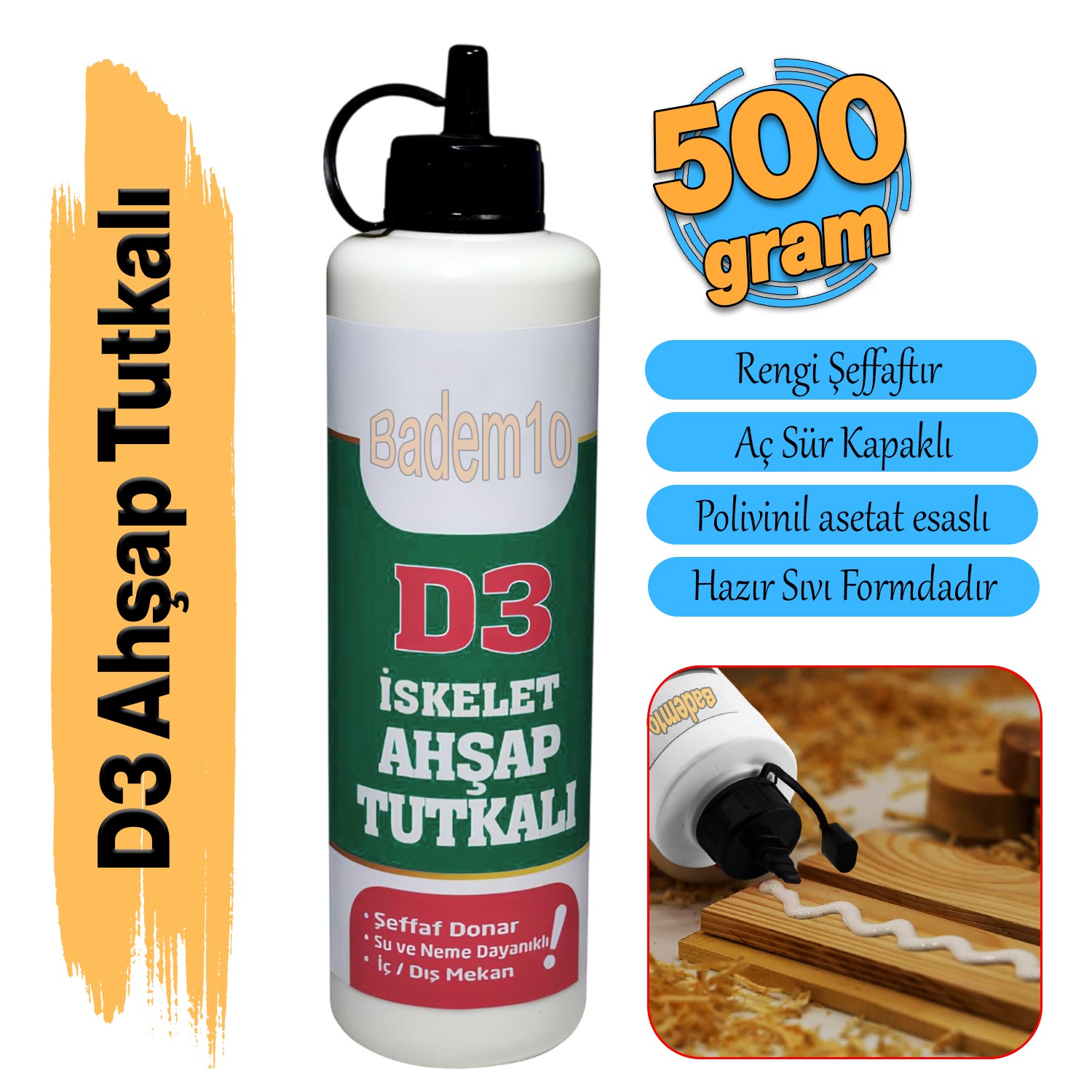 Hazır Ahşap Tutkalı 500 gram Şeffaf D3 Mobilya Mdf Sunta Kumaş Kağıt DIY Uygulamalarında Yapıştırıcı