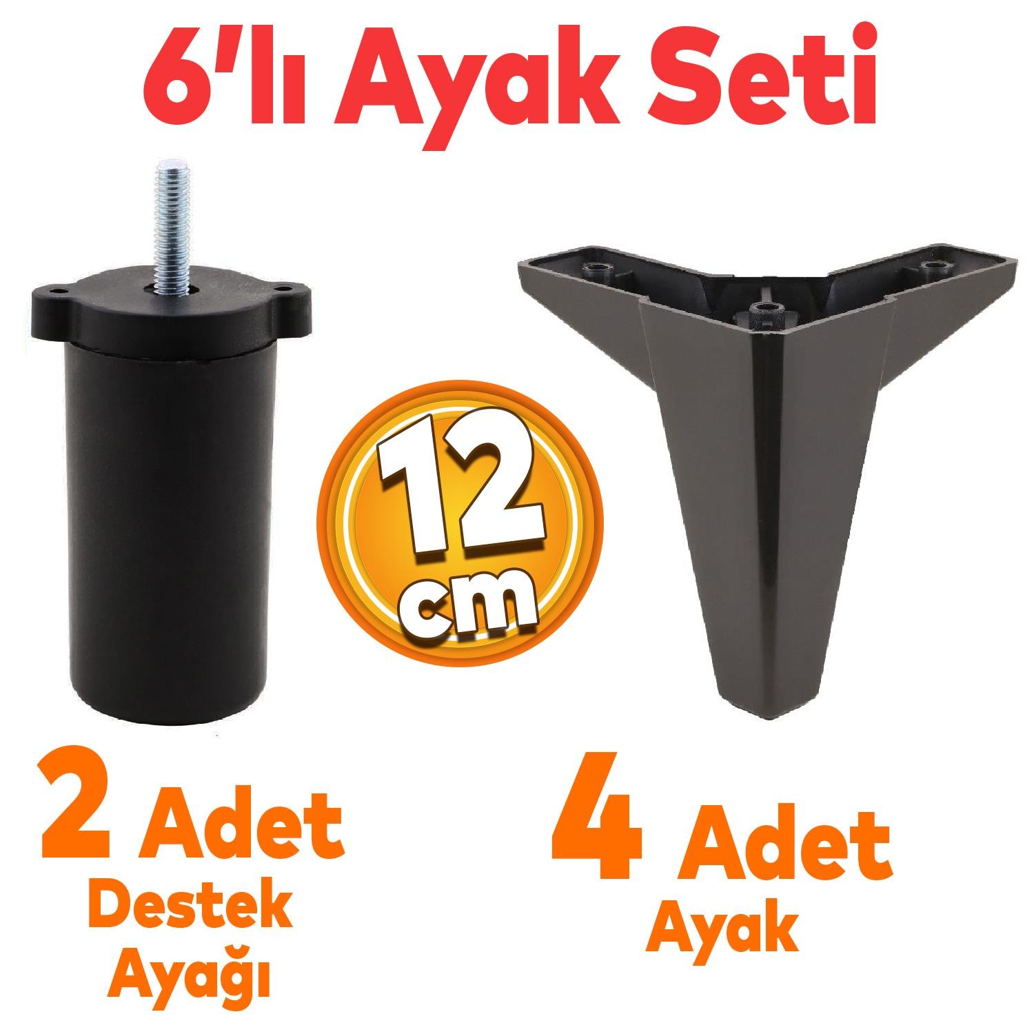 Sedir 6'lı Set Mobilya TV Ünitesi Çekyat Koltuk Kanepe Destek Ayağı 12 cm Siyah Baza Ayak M8 Destek