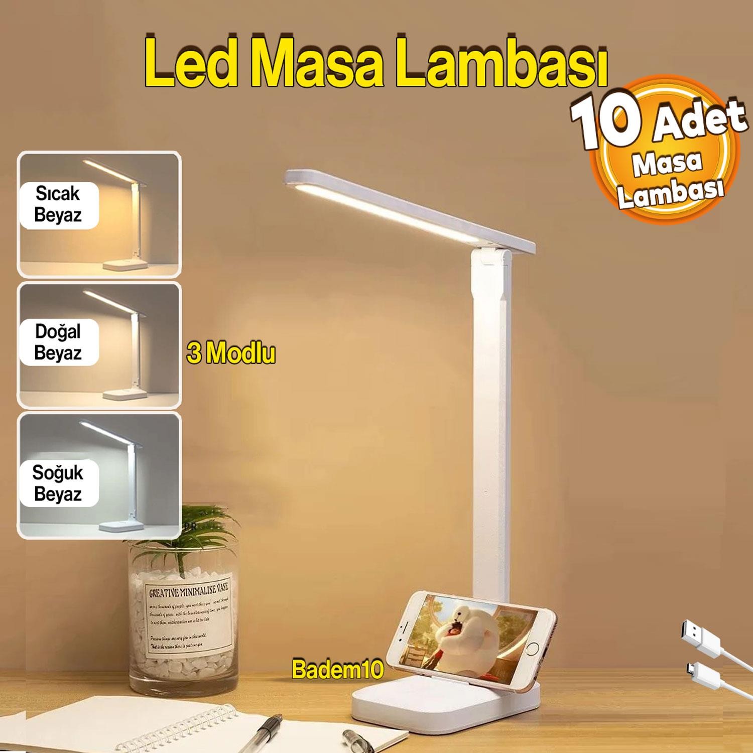 10 Adet Şarjlı Masa Lambası 3 Renk Dokunmatik Telefon Standlı Çalışma Okuma Işığı Gece Lambası 9w