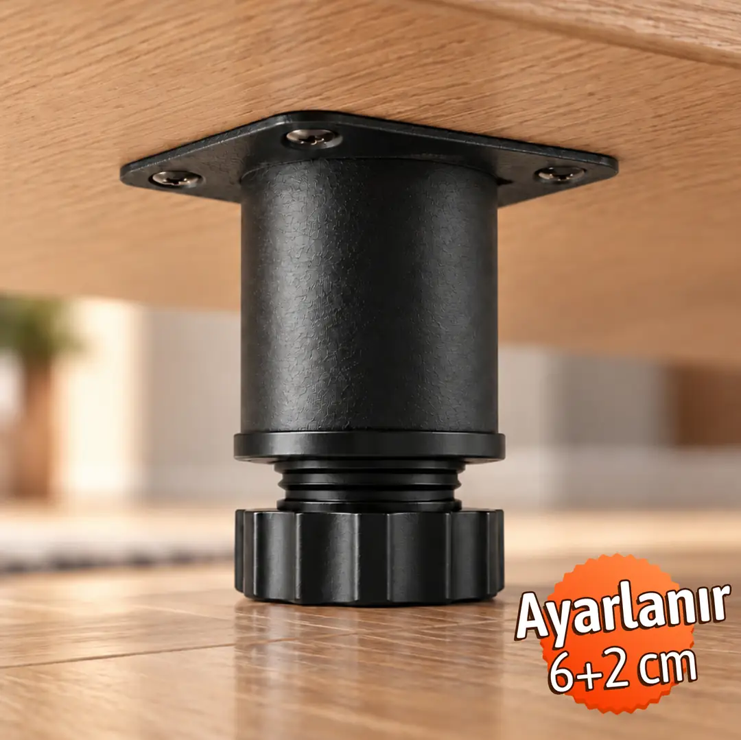 4 Adet) Akça Mat Siyah Ayarlanabilir Metal Gövde 6 cm Mobilya