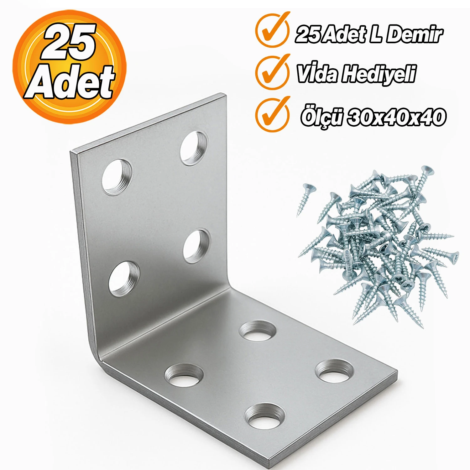 Metal Köşebent L Demiri (25 Adet) 30x40x40 mm Mobilya Duvar Sabitleme Gönye Bağlantı Aparatı
