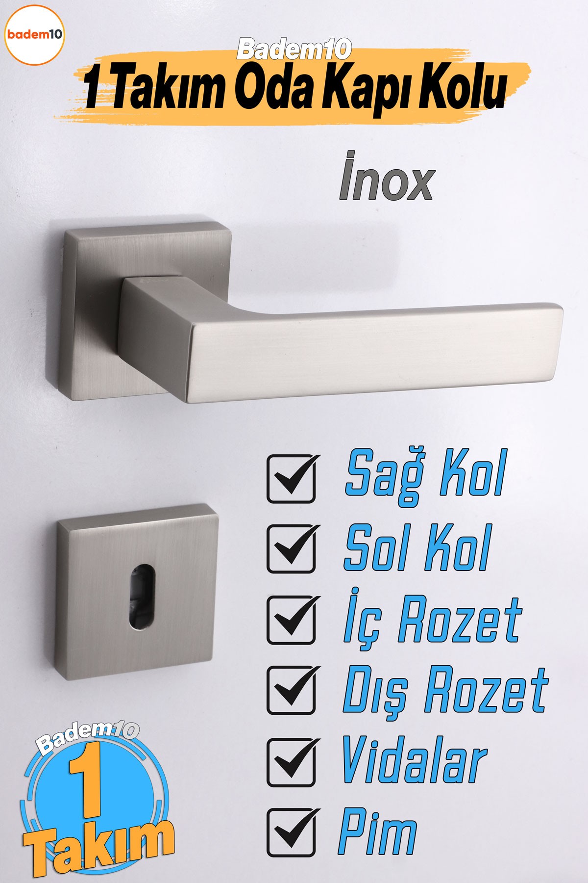 Paytak İNOX Oda Kapı Kolu Kare Rozetli Sağa Sola Uygun İç Dış Ev Oda Kapısı Kilitlenebilir 1 Takım