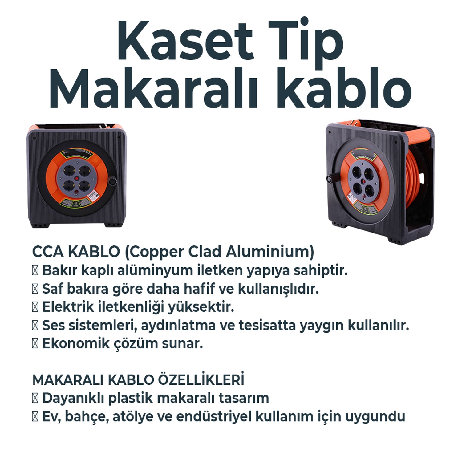 Makaralı Uzatma Kablosu 20 Metre 3x2.5 mm CCA 4 Prizli Termal Sigortalı Plastik Seyyar Kaset Tipi