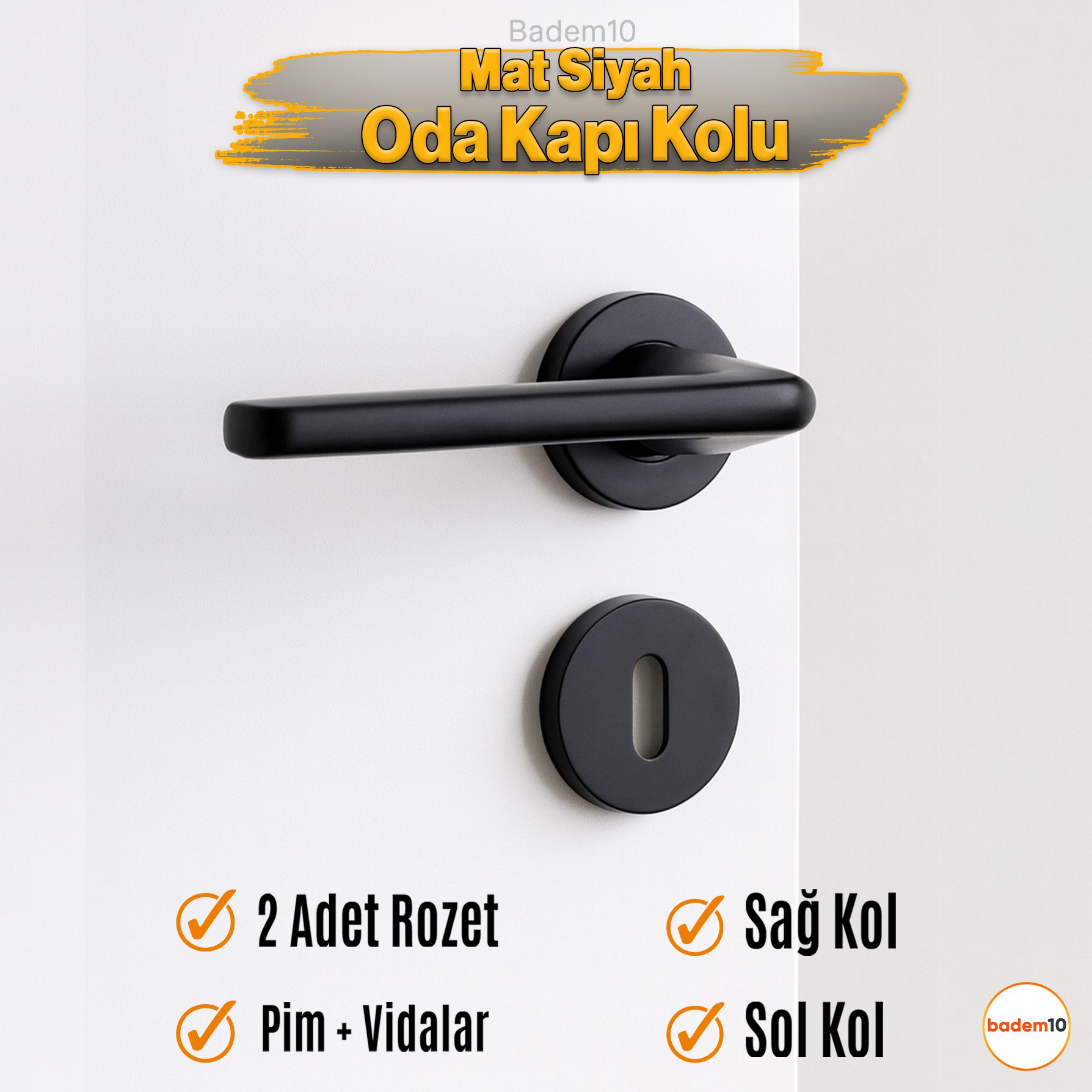 Mat Siyah Oda Tipi Kapı Kolu Rozetli Sağ Sol Uygun Modern İç Kapı Kilitli 1 Takım