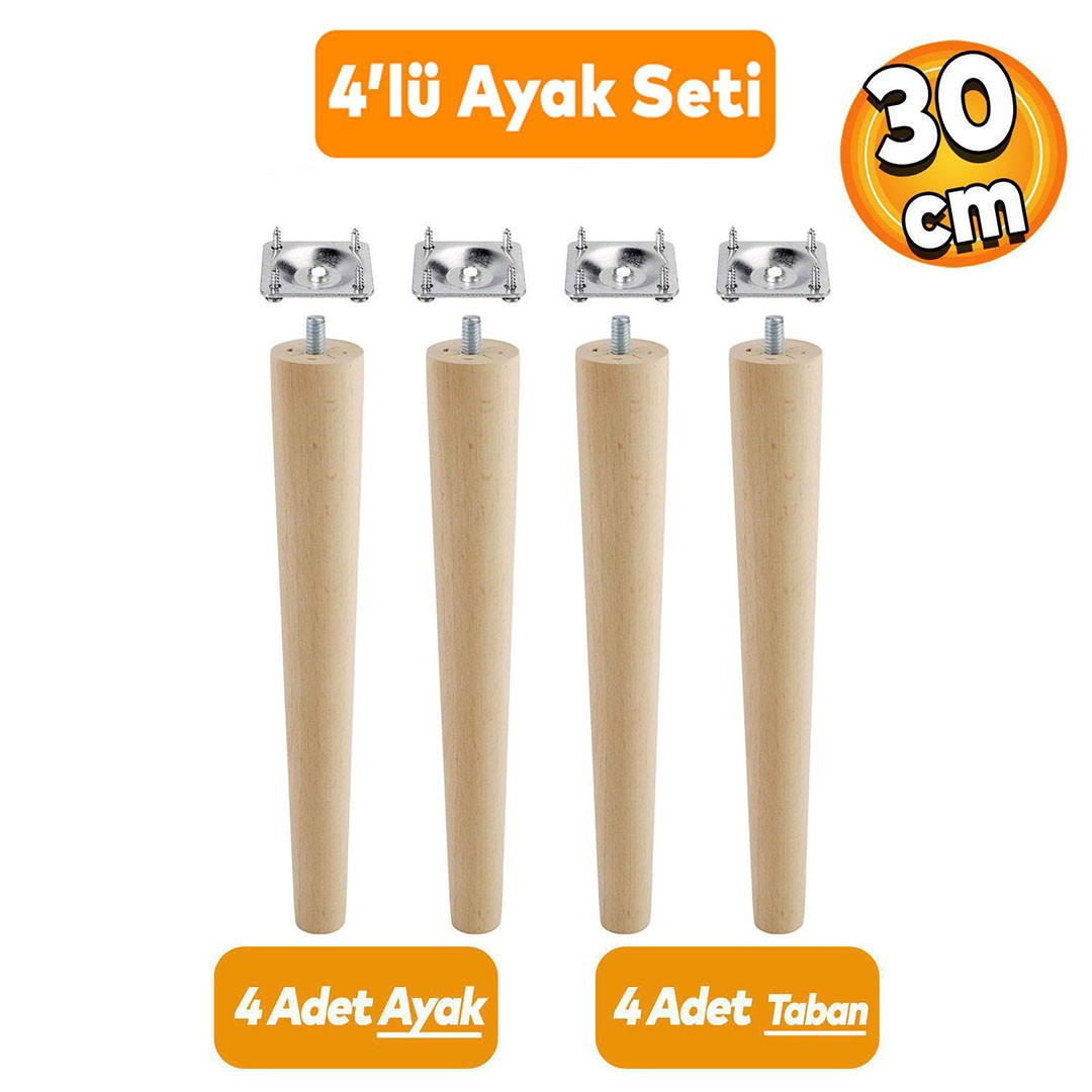 Ahşap Sehpa Masa Puf Tabure Tv Ünitesi Ayağı Ayakları M8 Civatalı 30 Cm Bağlantı Aparatlı 4'lü Set