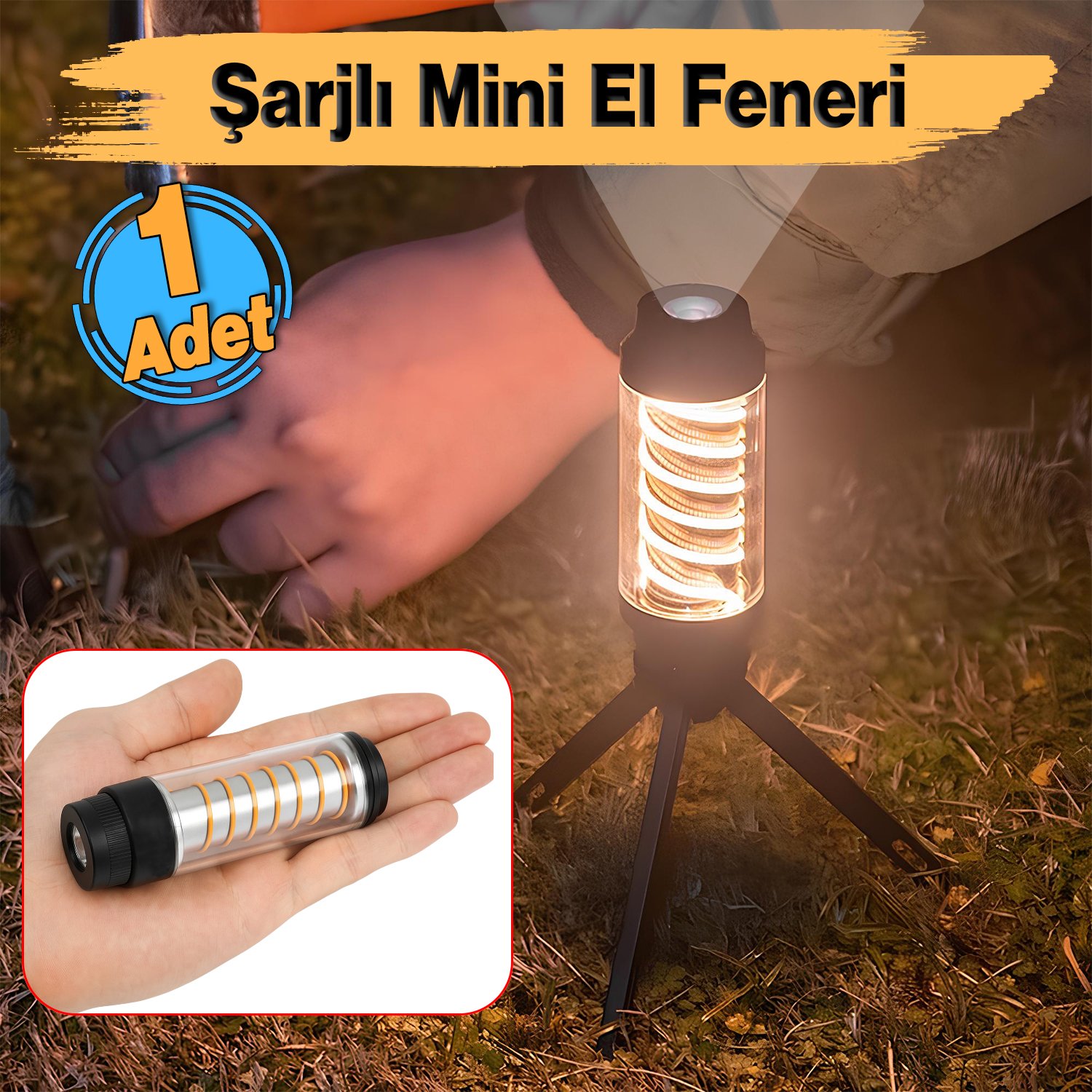 Genel Amaçlı Mini Şarjlı El feneri 10 Saat Çalışma 360 Lümen Type-c Tripodlu Ambianslı Kamp Lambası